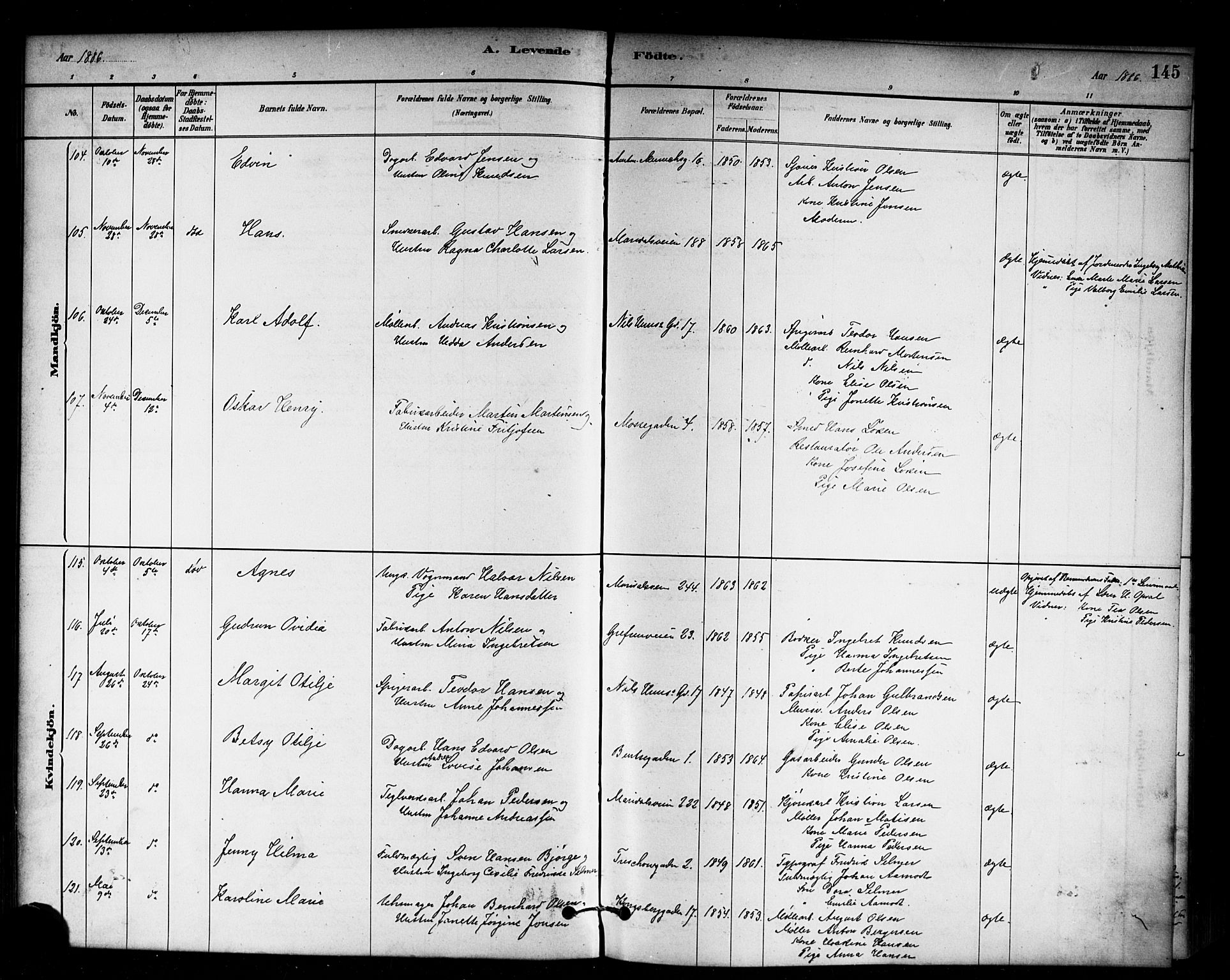 Sagene prestekontor Kirkebøker, SAO/A-10796/G/L0001: Parish register (copy) no. 1, 1880-1891, p. 145