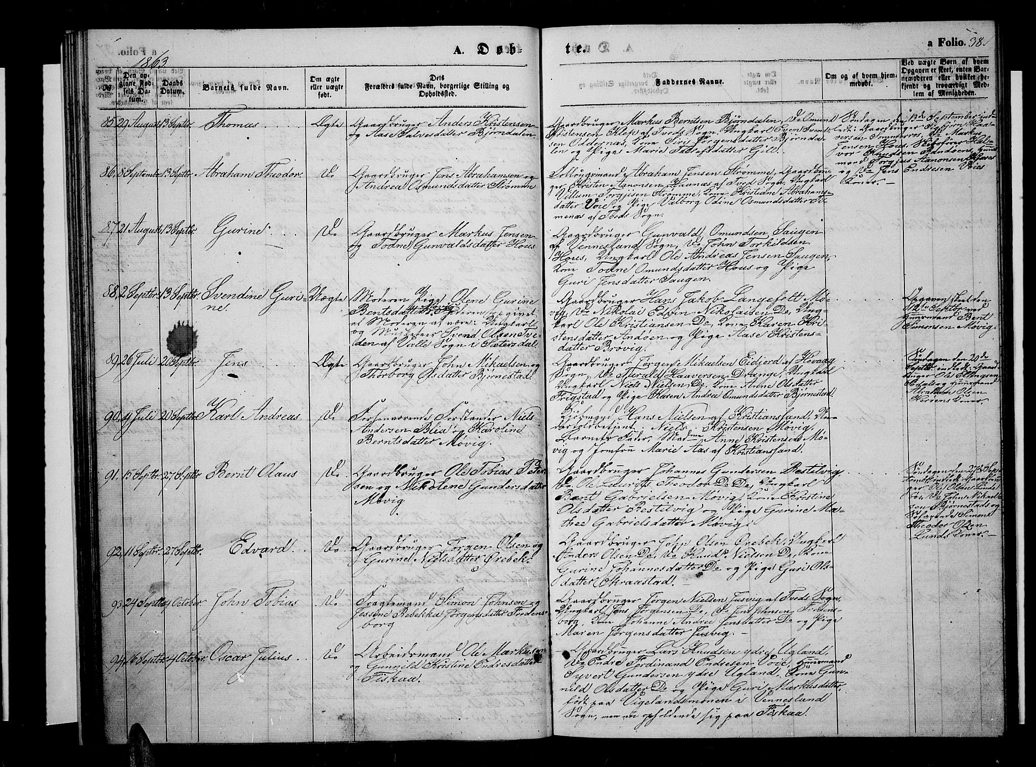 Oddernes sokneprestkontor, AV/SAK-1111-0033/F/Fb/Fba/L0006: Parish register (copy) no. B 6 /1, 1860-1869, p. 38