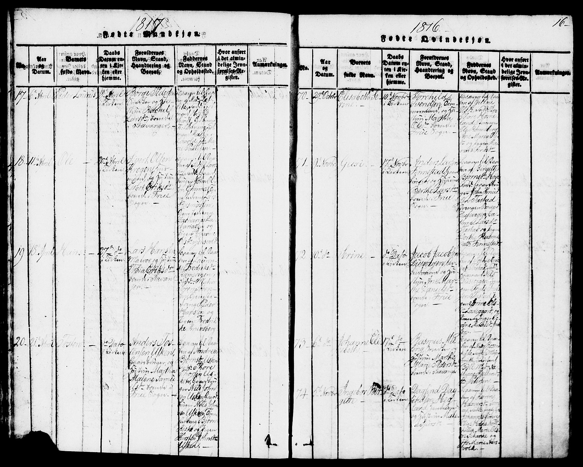 Domkirken sokneprestkontor, AV/SAST-A-101812/001/30/30BB/L0008: Parish register (copy) no. B 8, 1816-1821, p. 16