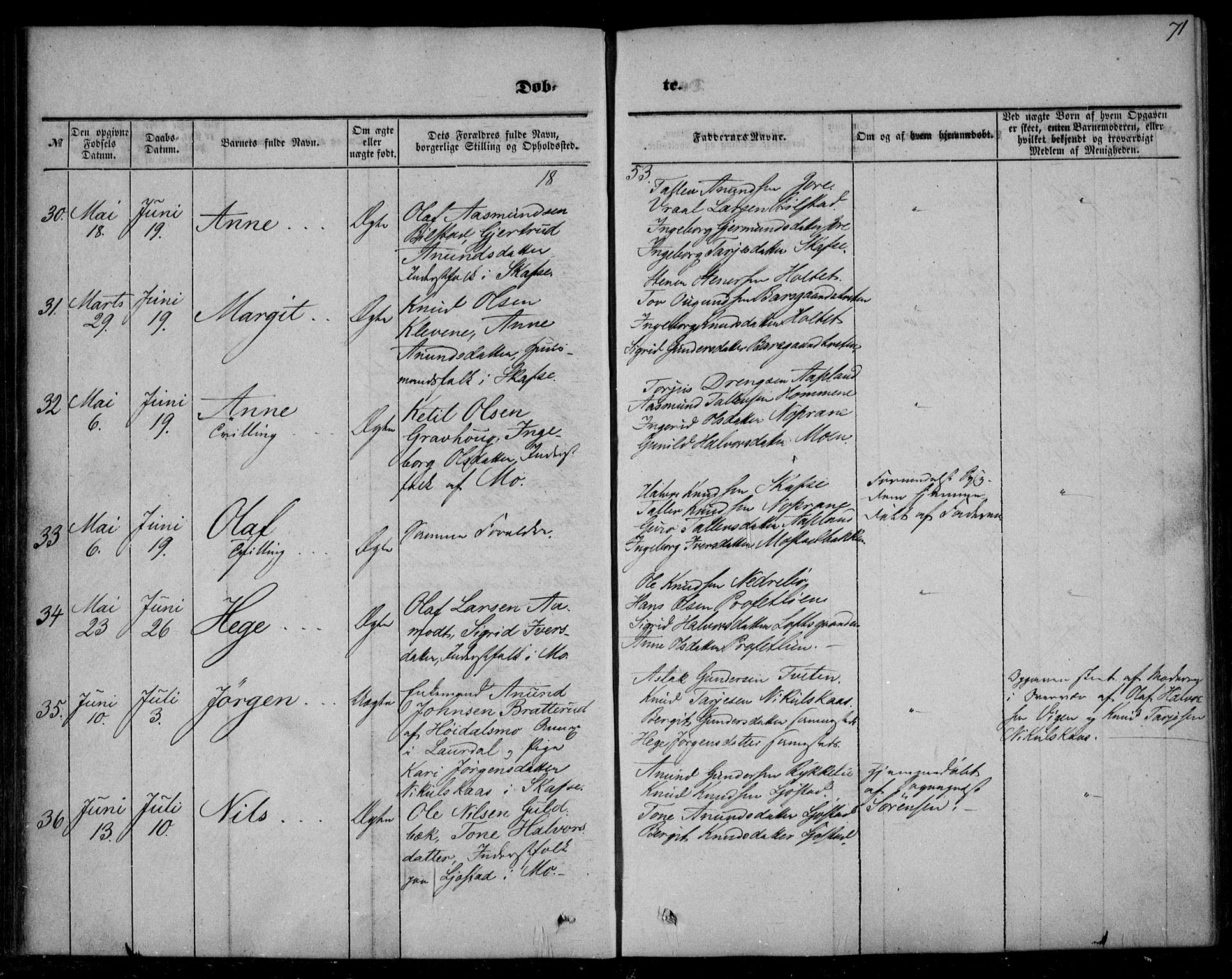 Mo kirkebøker, AV/SAKO-A-286/F/Fa/L0005: Parish register (official) no. I 5, 1844-1864, p. 71