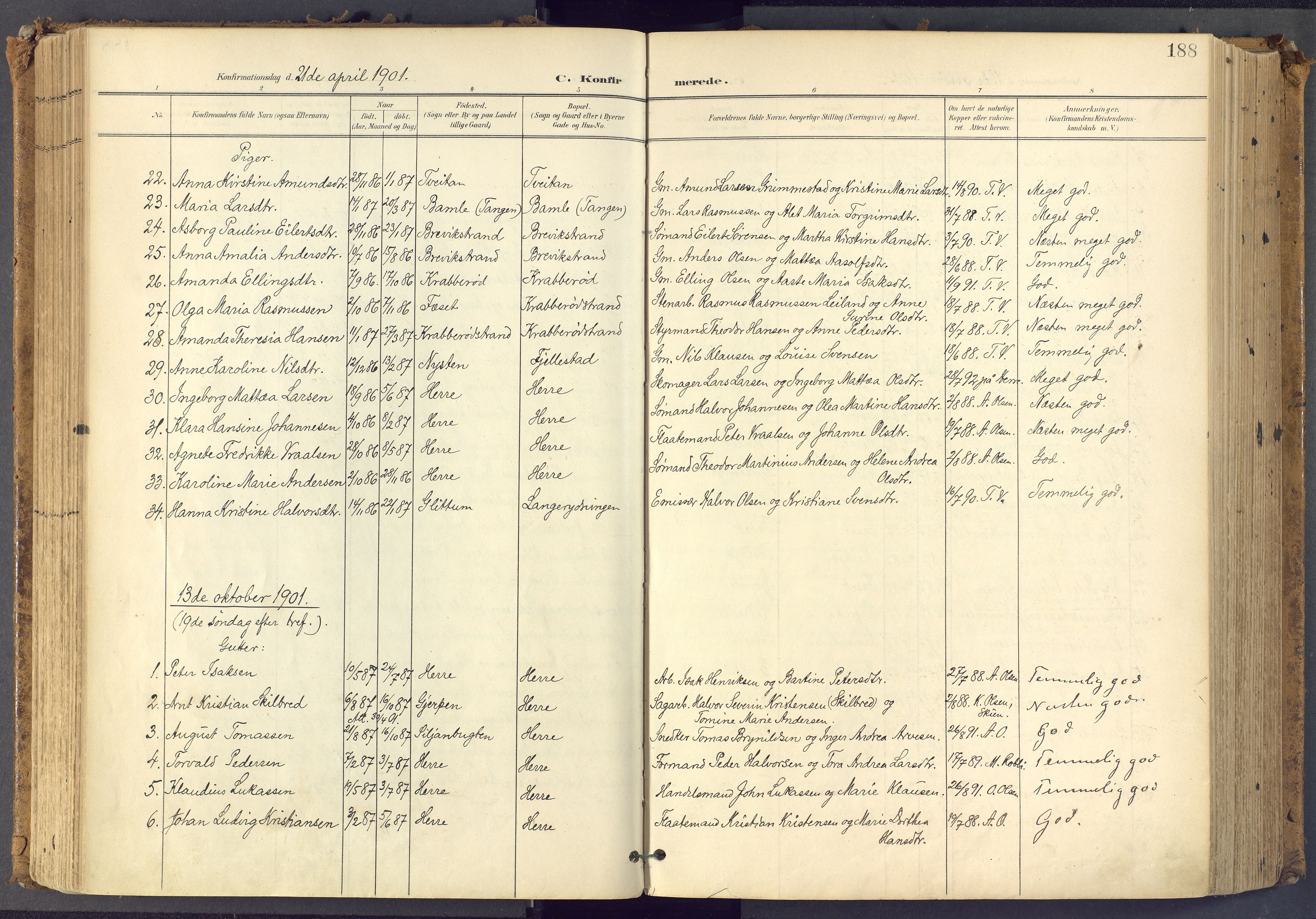 Bamble kirkebøker, SAKO/A-253/F/Fa/L0009: Parish register (official) no. I 9, 1901-1917, p. 188