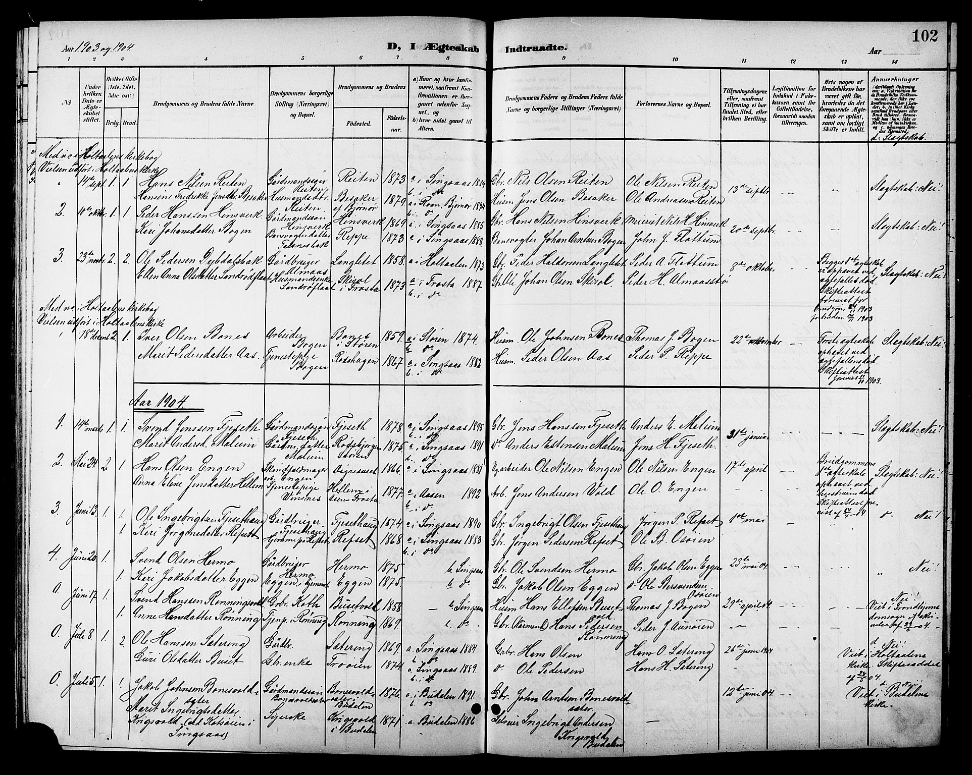 Ministerialprotokoller, klokkerbøker og fødselsregistre - Sør-Trøndelag, SAT/A-1456/688/L1029: Parish register (copy) no. 688C04, 1899-1915, p. 102