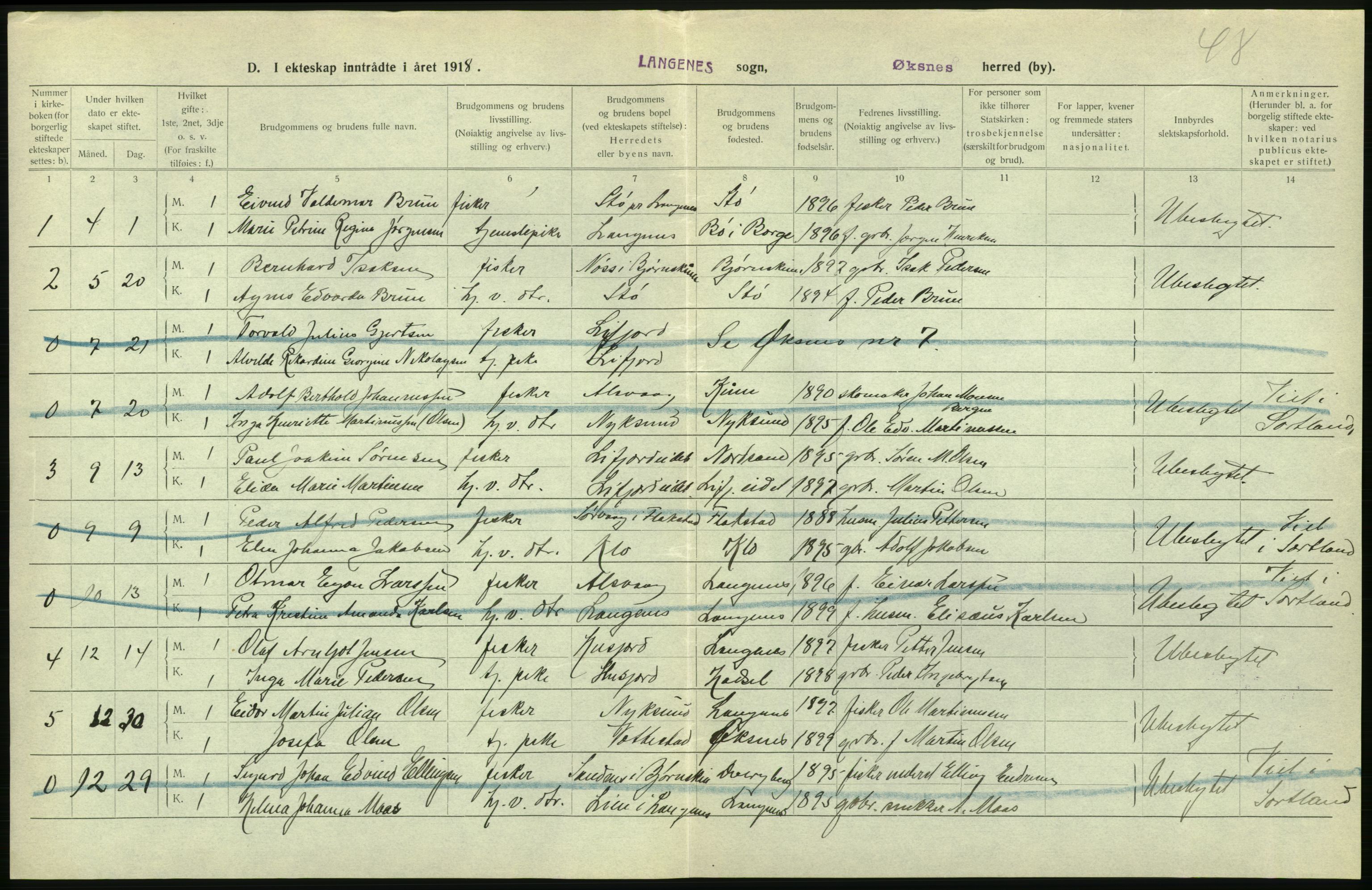 Statistisk sentralbyrå, Sosiodemografiske emner, Befolkning, RA/S-2228/D/Df/Dfb/Dfbh/L0054: Nordland fylke: Gifte, dødfødte. Bygder og byer., 1918, p. 308