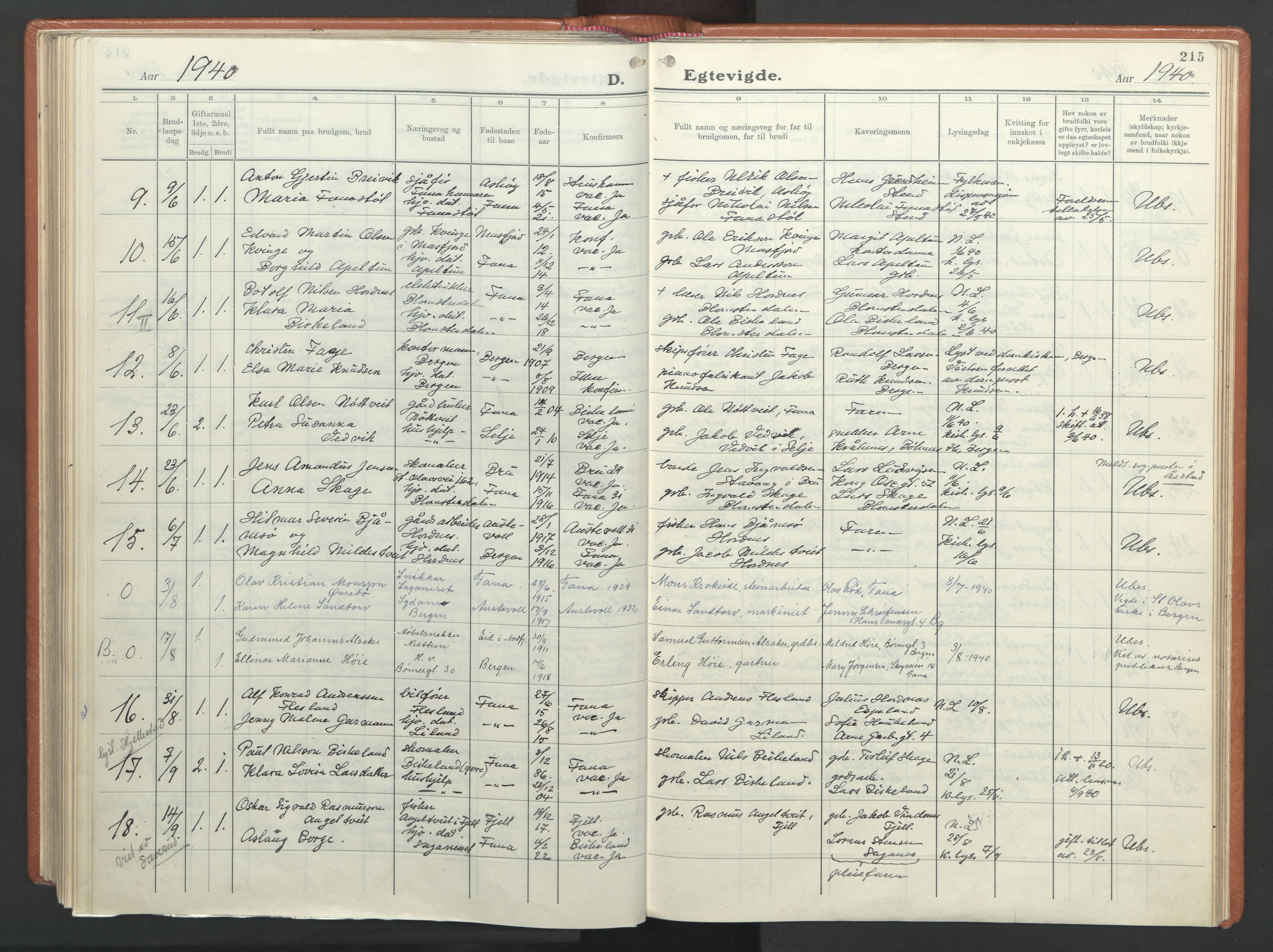 Fana Sokneprestembete, AV/SAB-A-75101/H/Haa/Haab/L0007: Parish register (official) no. B 7, 1934-1947, p. 215