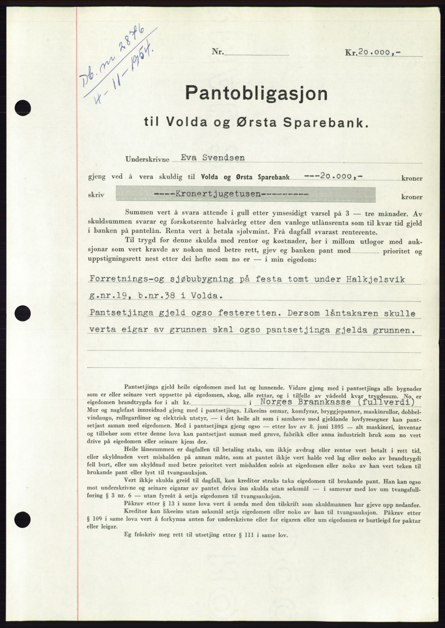 Søre Sunnmøre sorenskriveri, AV/SAT-A-4122/1/2/2C/L0126: Mortgage book no. 14B, 1954-1955, Diary no: : 2876/1954