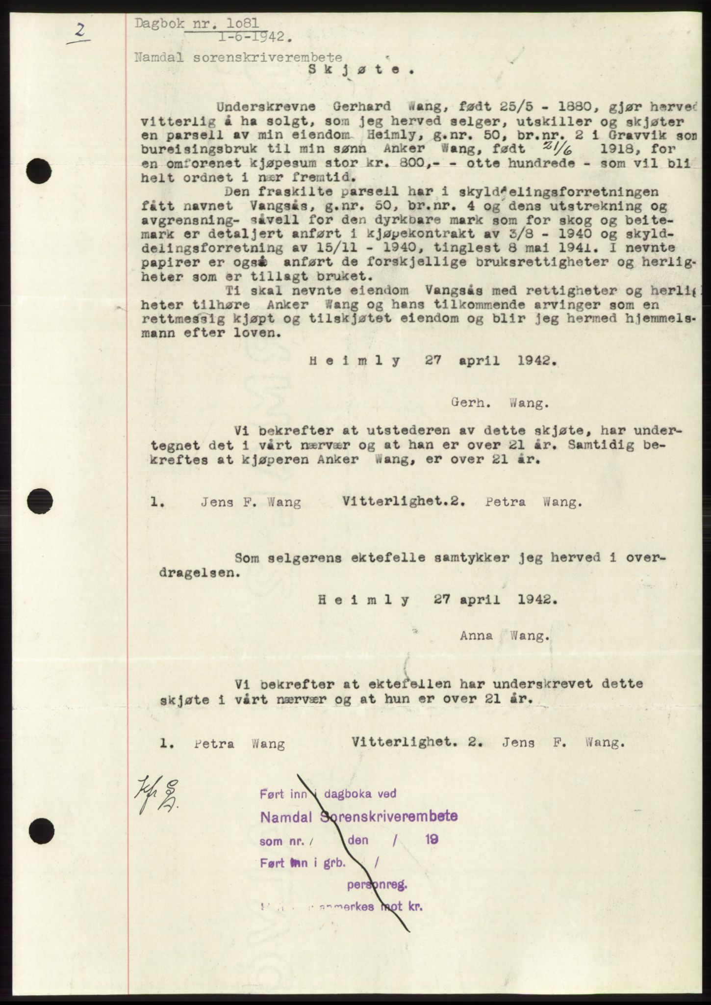Namdal sorenskriveri, SAT/A-4133/1/2/2C: Mortgage book no. -, 1941-1942, Diary no: : 1081/1942