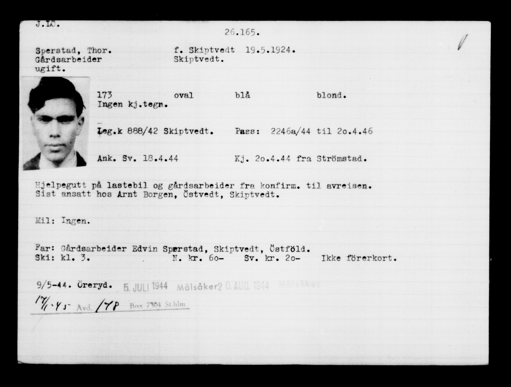 Utenriksstasjonene, Legasjonen i Stockholm, Flyktningkontoret, AV/RA-S-6753/V/Va/L0011: Kjesäterkartoteket, flyktninger med registreringsnr. 25300-28349, 1940-1945, p. 913