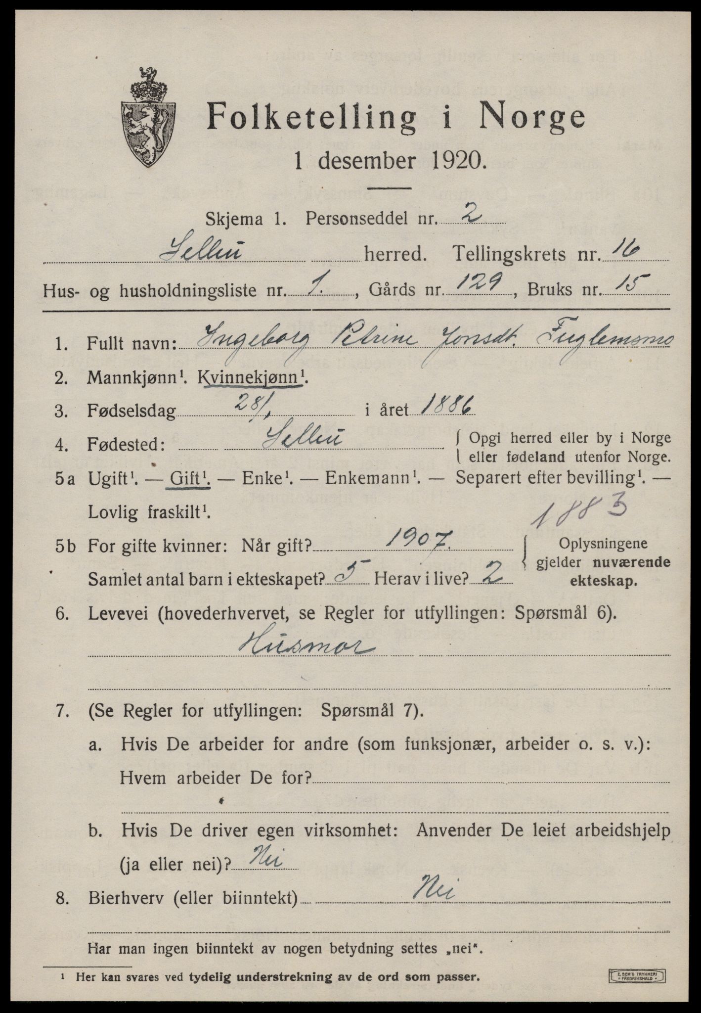 SAT, 1920 census for Selbu, 1920, p. 8496