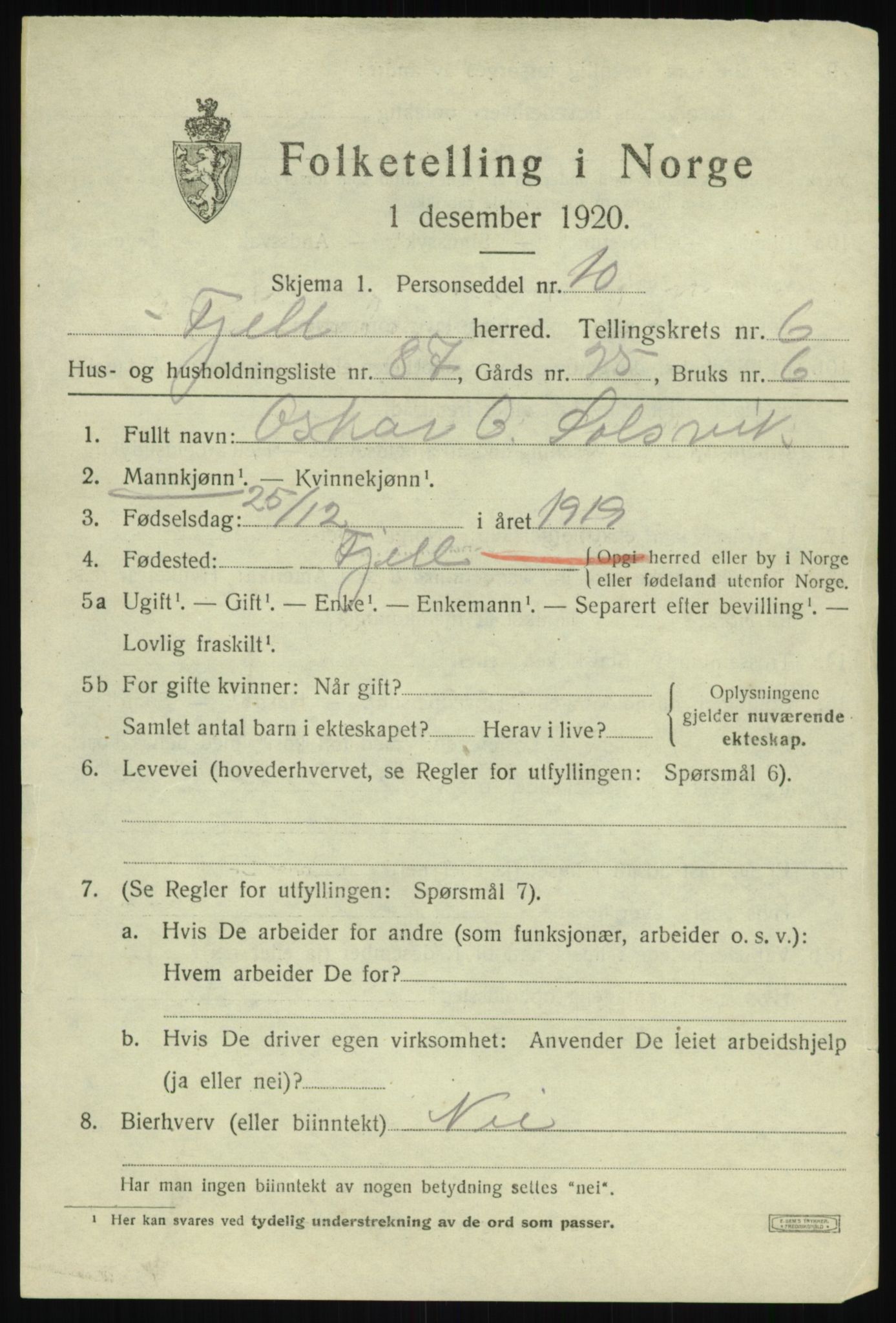 SAB, 1920 census for Fjell, 1920, p. 6400