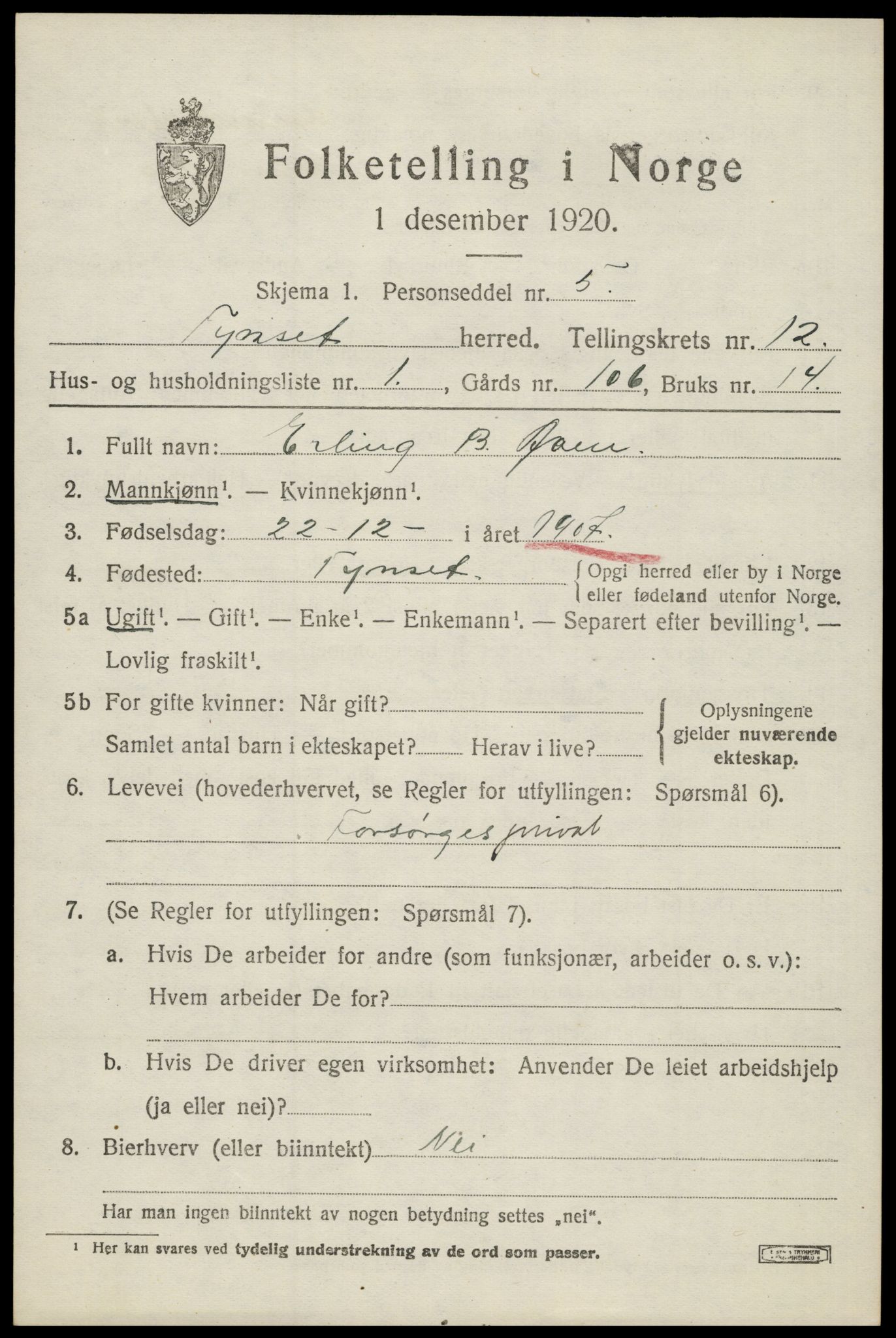 SAH, 1920 census for Tynset, 1920, p. 8312