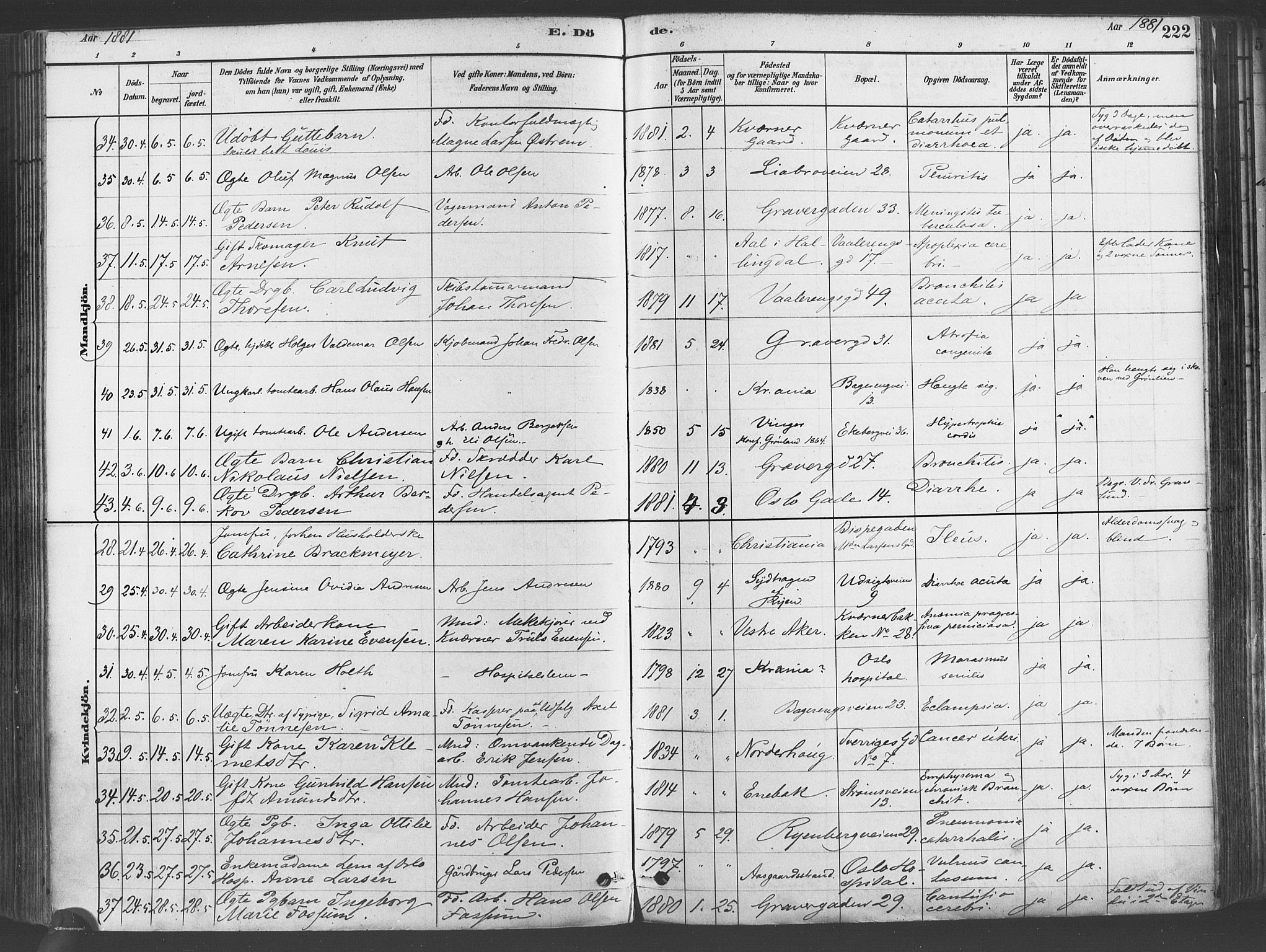 Gamlebyen prestekontor Kirkebøker, AV/SAO-A-10884/F/Fa/L0006: Parish register (official) no. 6, 1881-1890, p. 222