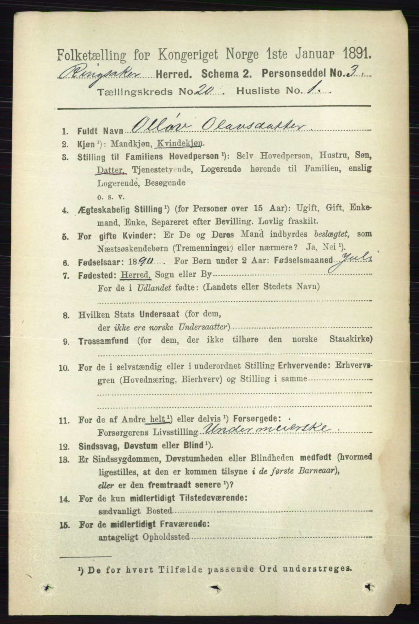 RA, 1891 census for 0412 Ringsaker, 1891, p. 11107