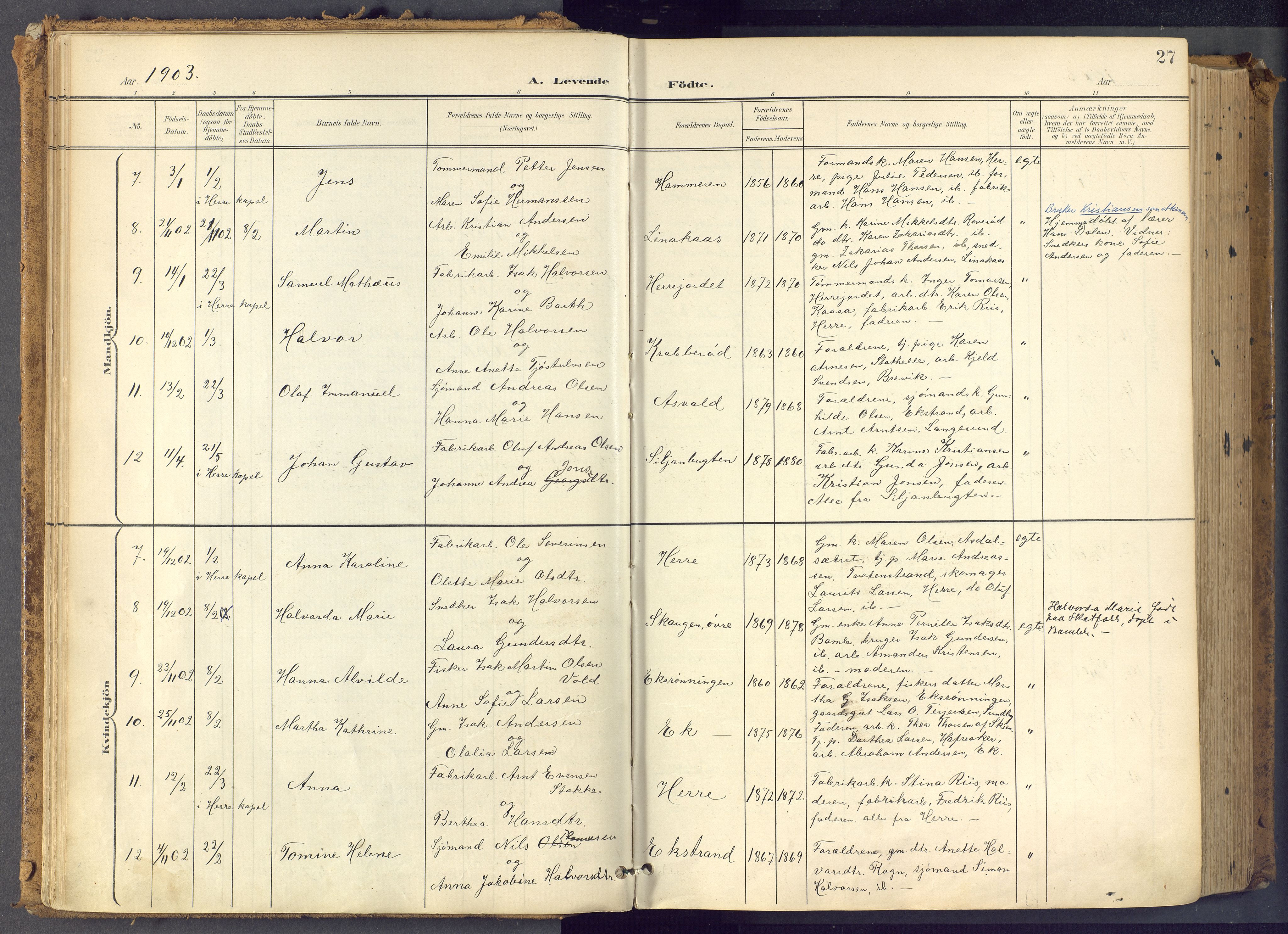 Bamble kirkebøker, SAKO/A-253/F/Fa/L0009: Parish register (official) no. I 9, 1901-1917, p. 27
