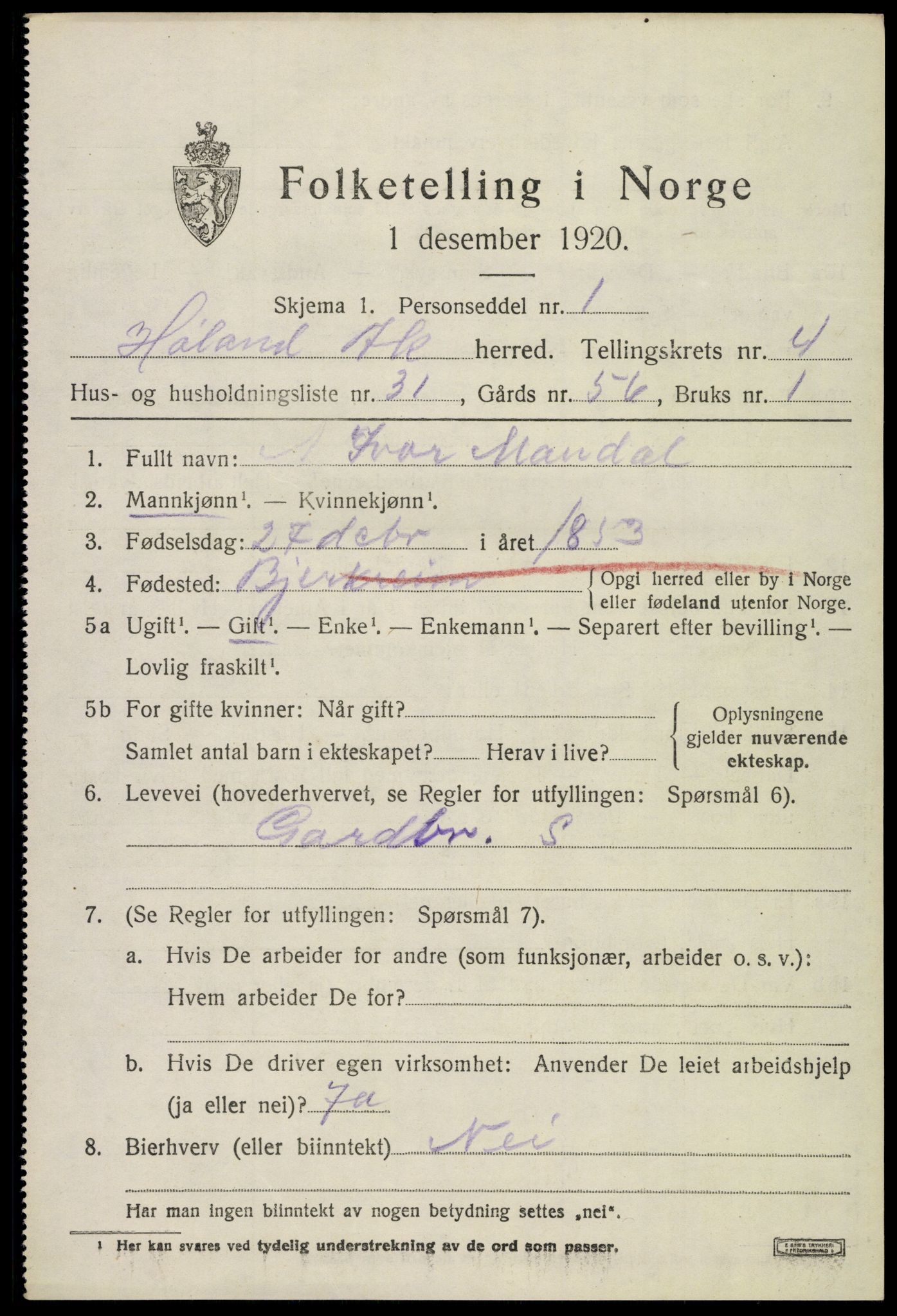 SAO, 1920 census for Høland, 1920, p. 6207