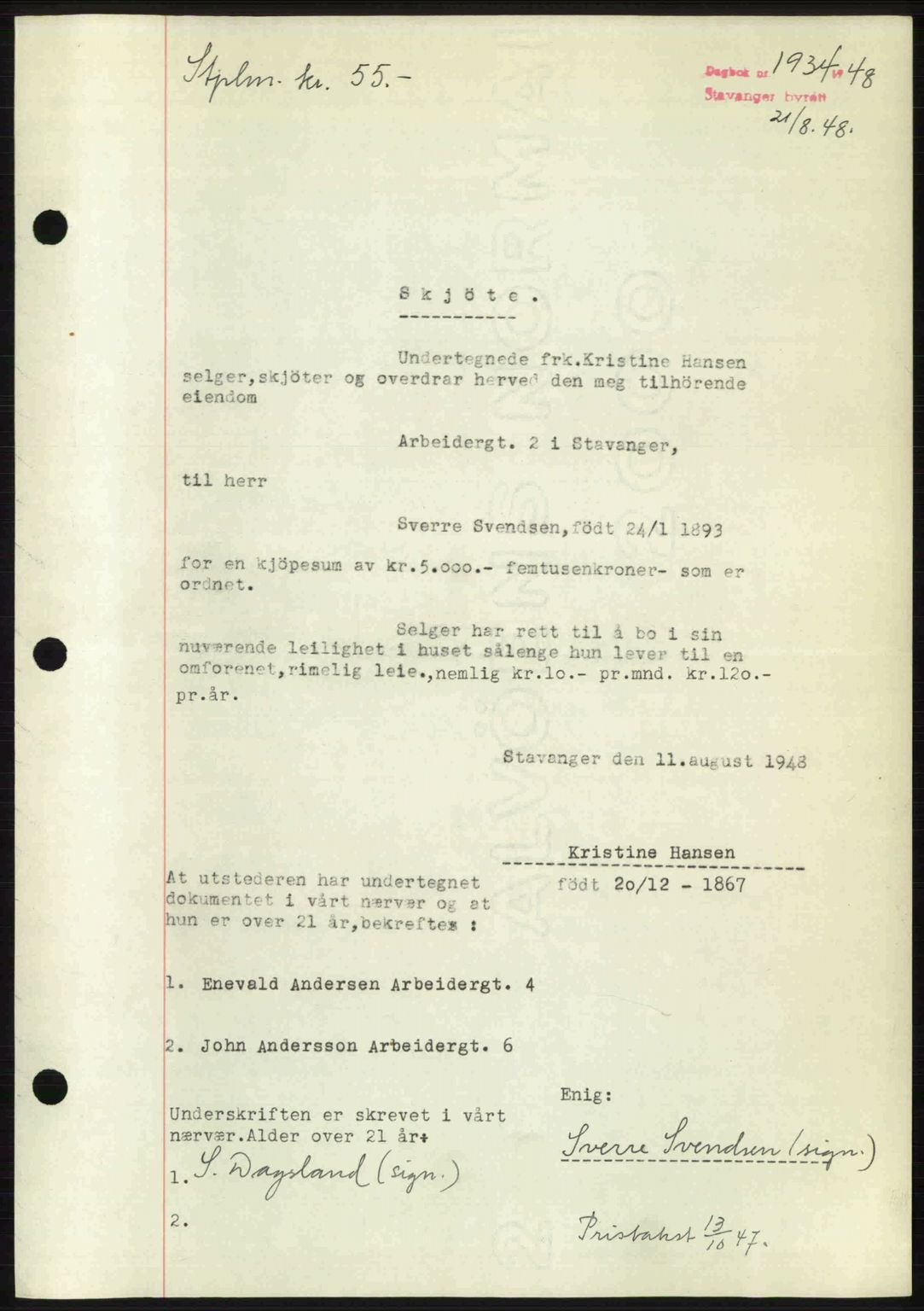 Stavanger byrett, SAST/A-100455/002/G/Gb/L0022: Mortgage book no. A11, 1947-1948, Diary no: : 1934/1948