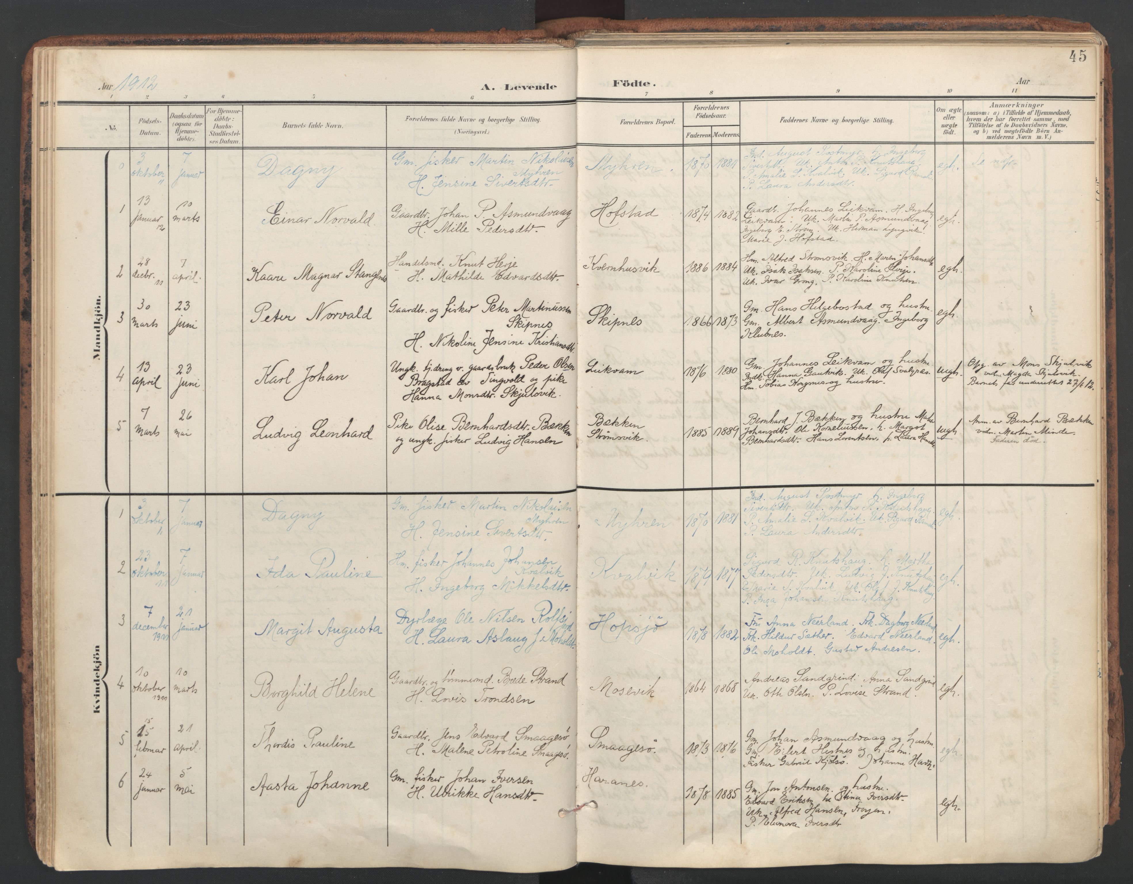 Ministerialprotokoller, klokkerbøker og fødselsregistre - Sør-Trøndelag, SAT/A-1456/634/L0537: Parish register (official) no. 634A13, 1896-1922, p. 45