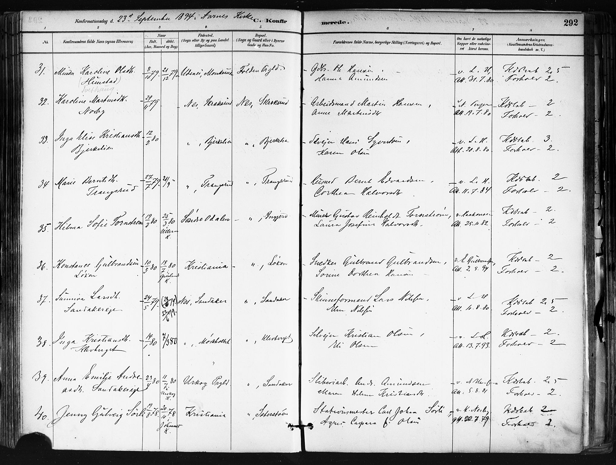 Nes prestekontor Kirkebøker, AV/SAO-A-10410/F/Fa/L0010: Parish register (official) no. I 10, 1883-1898, p. 292