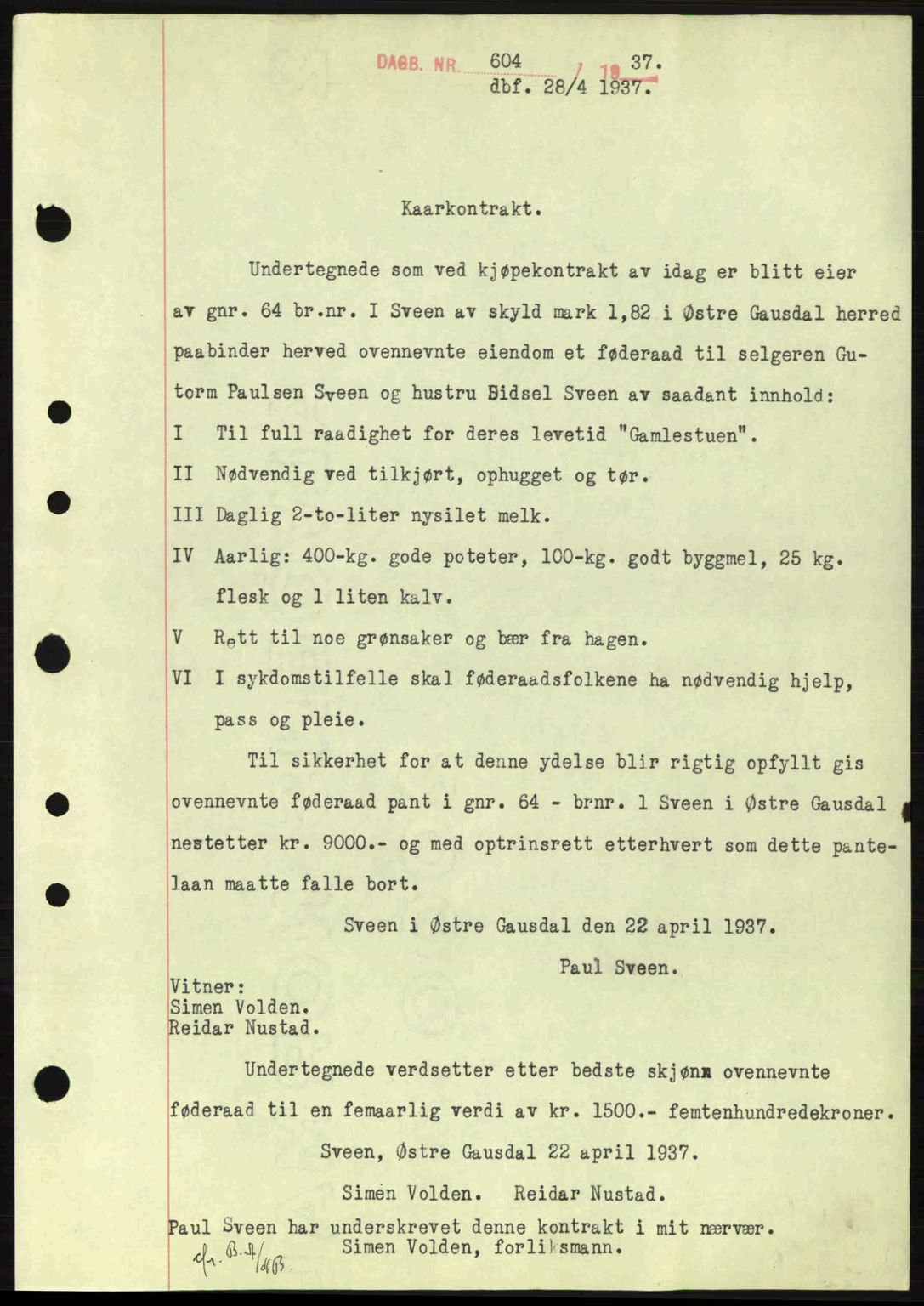 Sør-Gudbrandsdal tingrett, SAH/TING-004/H/Hb/Hbe/L0001: Mortgage book no. B1, 1936-1939, Diary no: : 604/1937