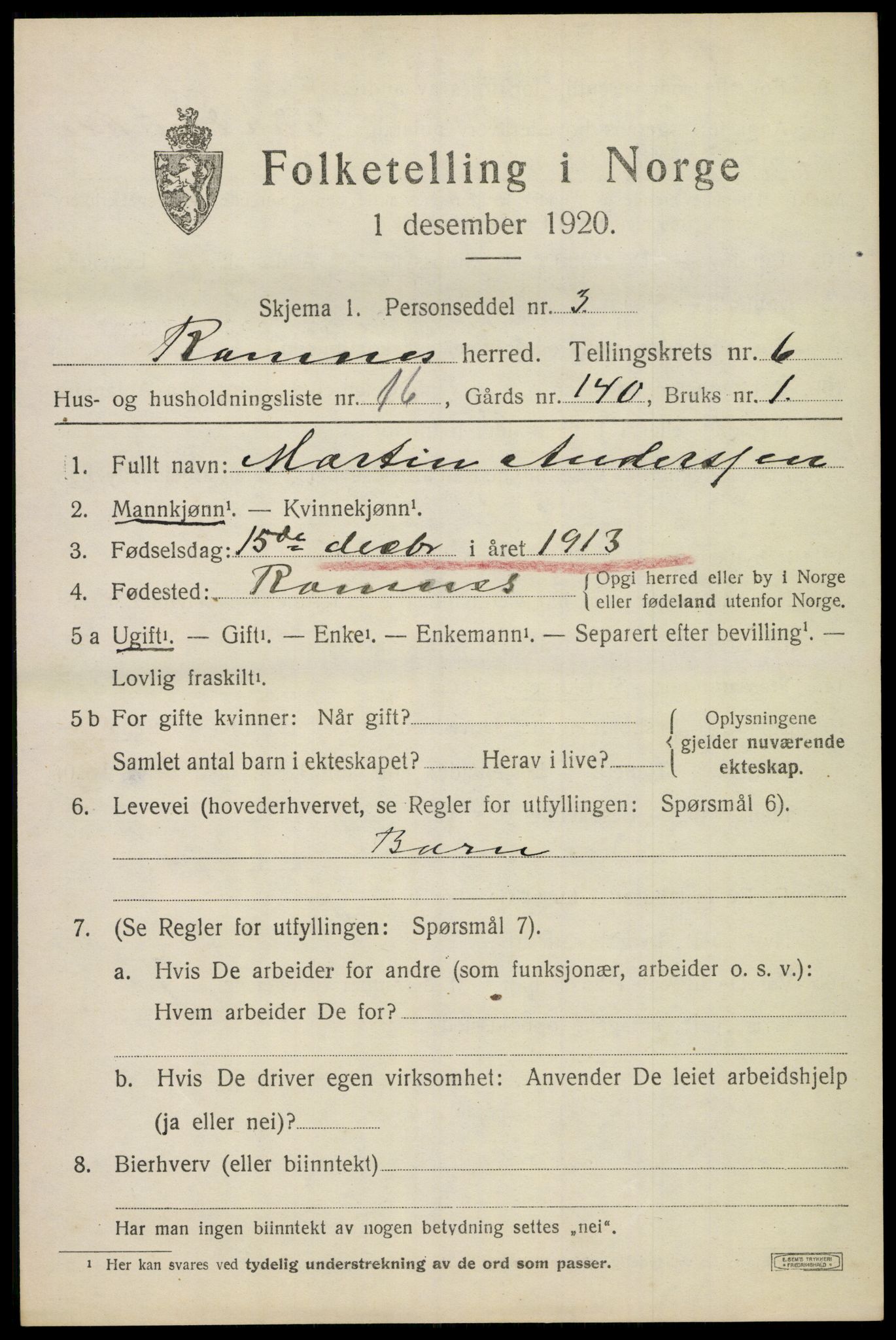 SAKO, 1920 census for Ramnes, 1920, p. 6340