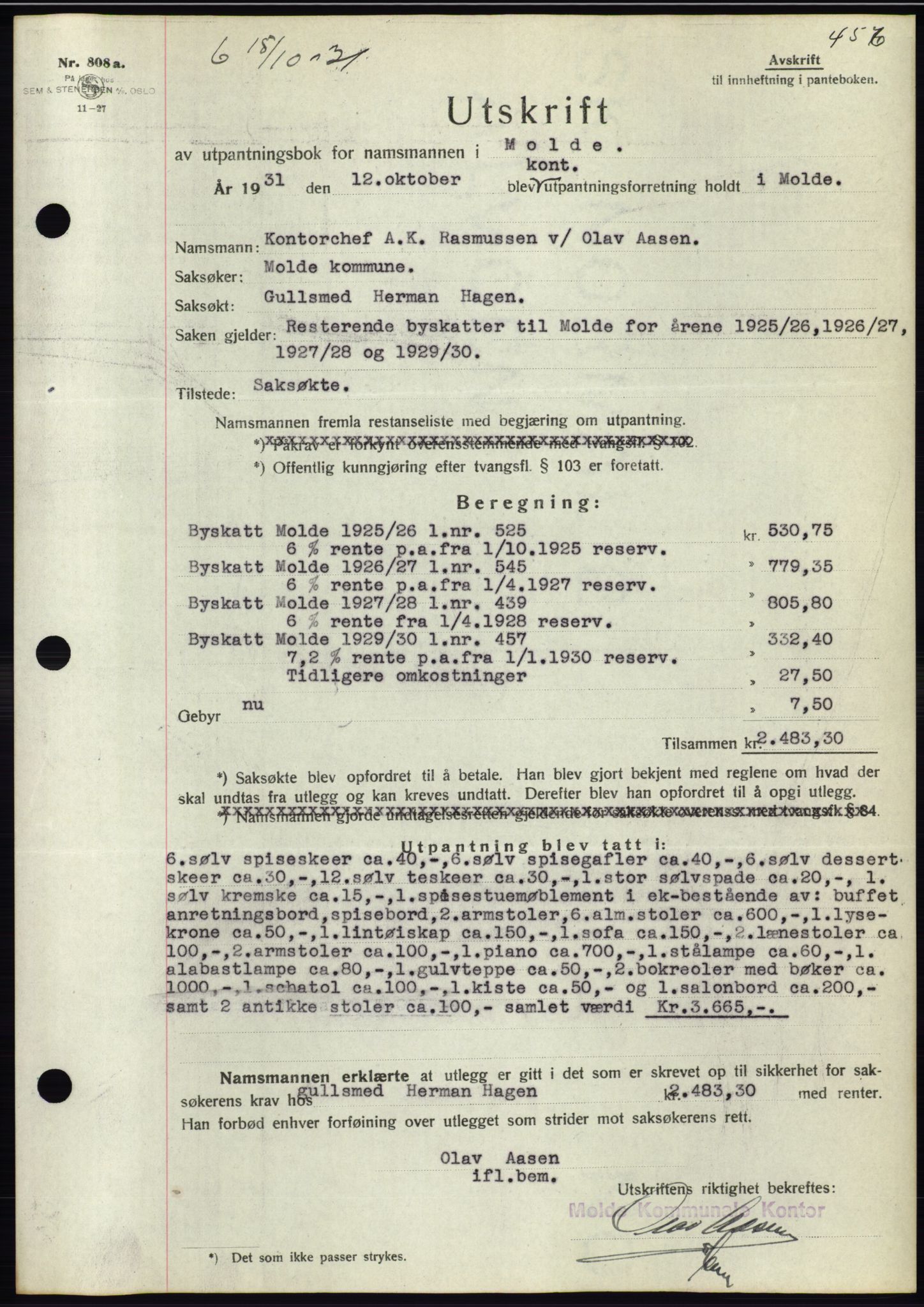 Molde byfogd, AV/SAT-A-0025/2/2C/L0011: Mortgage book no. 11, 1926-1932, Deed date: 15.10.1931