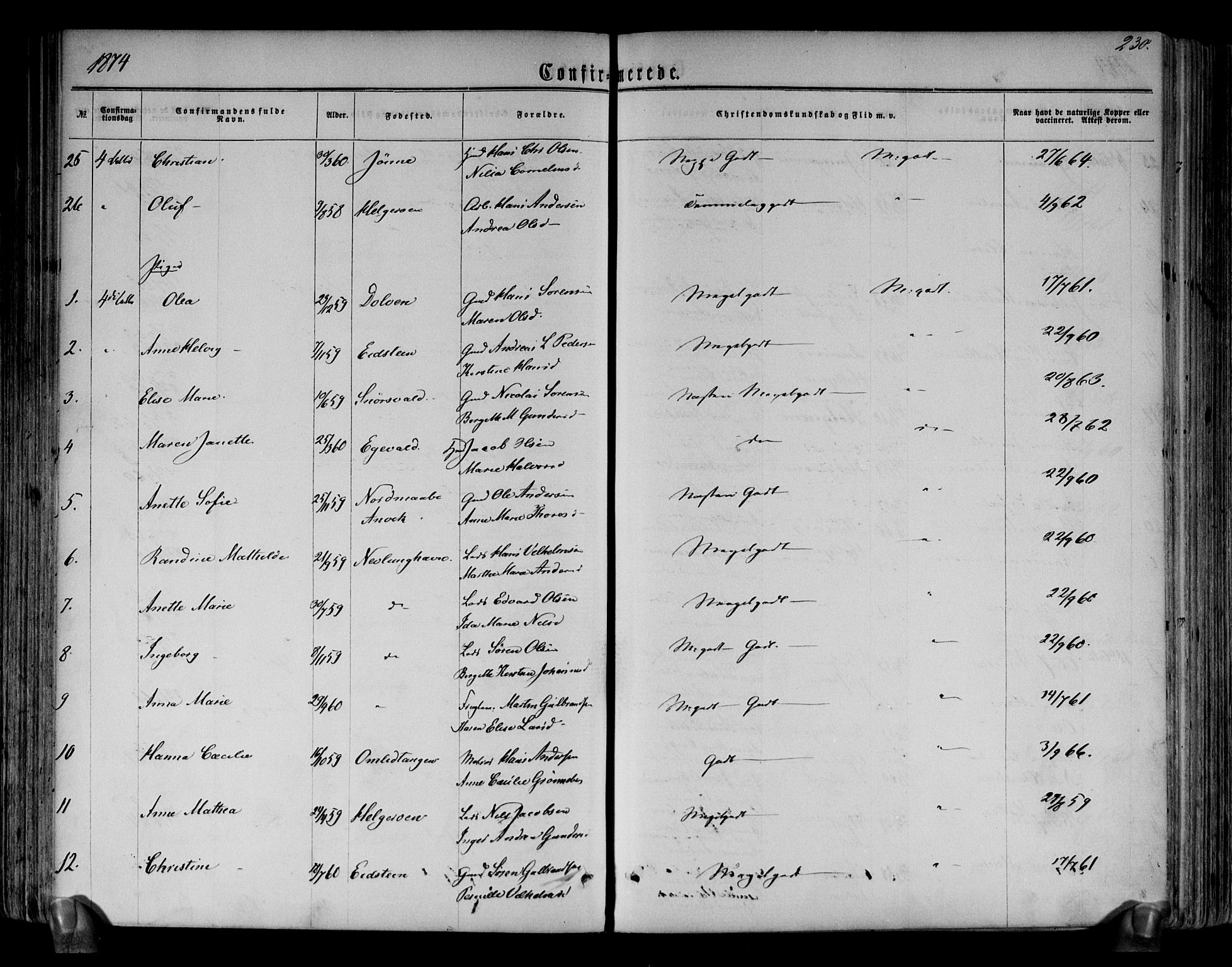 Brunlanes kirkebøker, AV/SAKO-A-342/F/Fa/L0005: Parish register (official) no. I 5, 1862-1877, p. 230