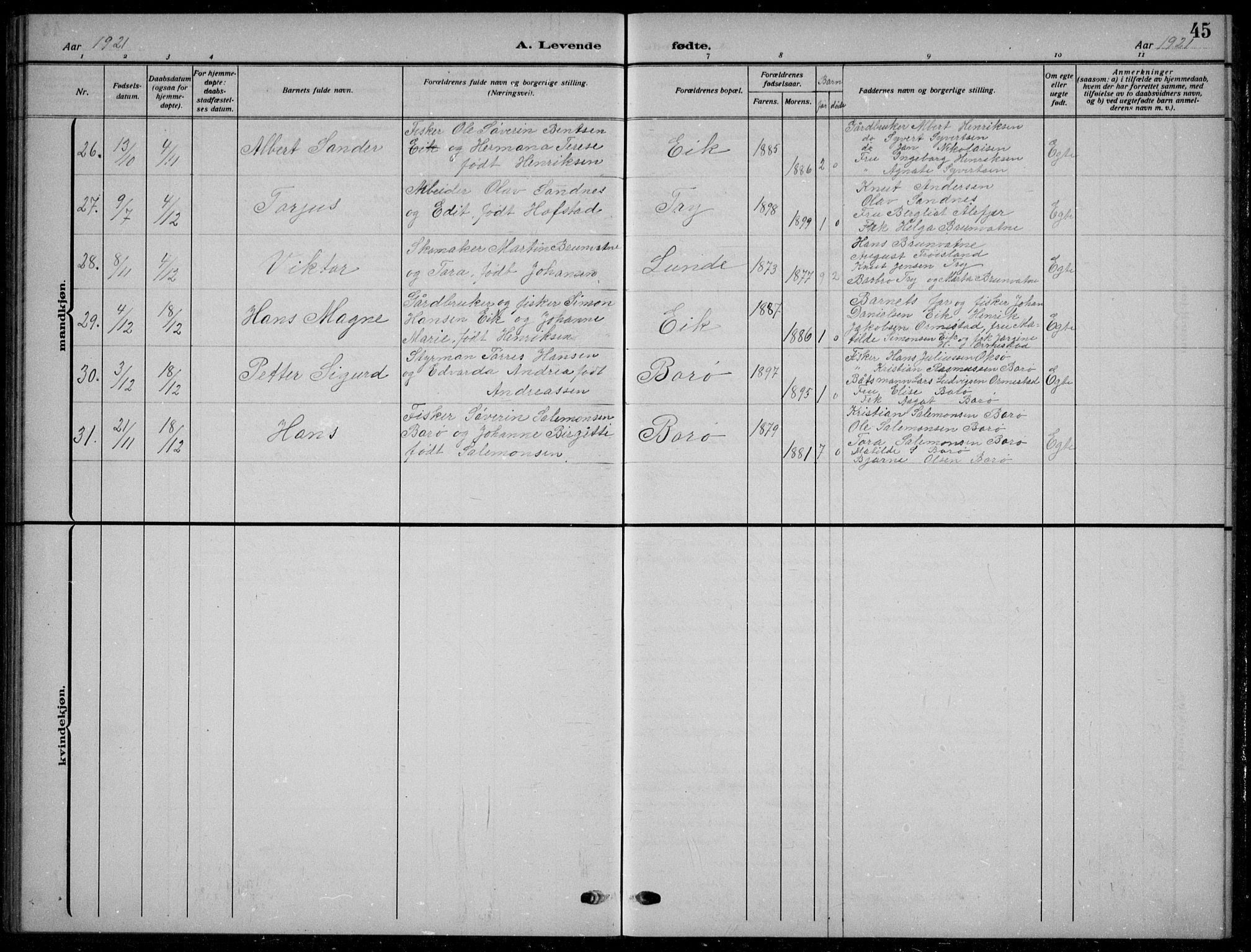 Søgne sokneprestkontor, AV/SAK-1111-0037/F/Fb/Fbb/L0007: Parish register (copy) no. B 7, 1912-1931, p. 45