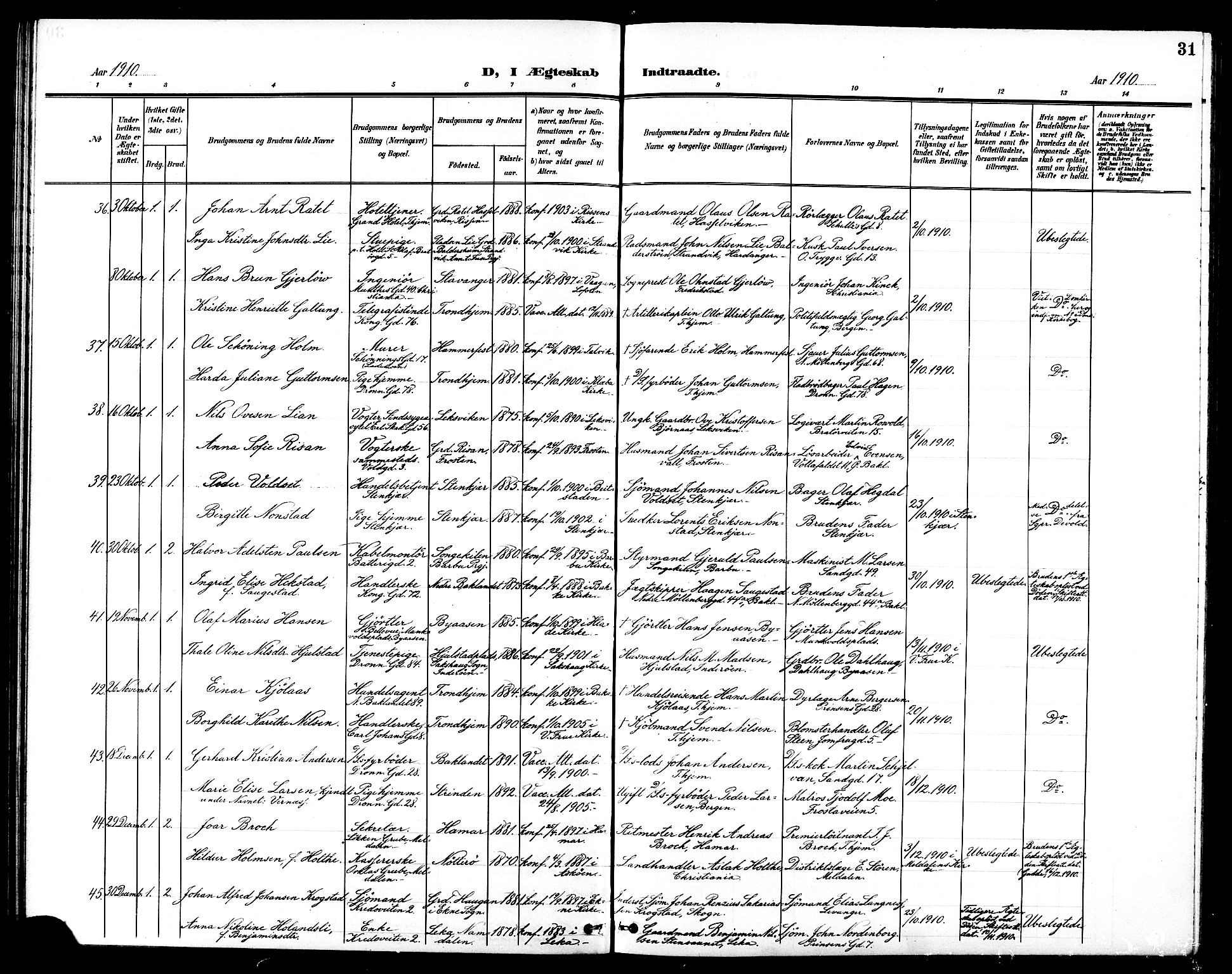 Ministerialprotokoller, klokkerbøker og fødselsregistre - Sør-Trøndelag, SAT/A-1456/602/L0145: Parish register (copy) no. 602C13, 1902-1919, p. 31