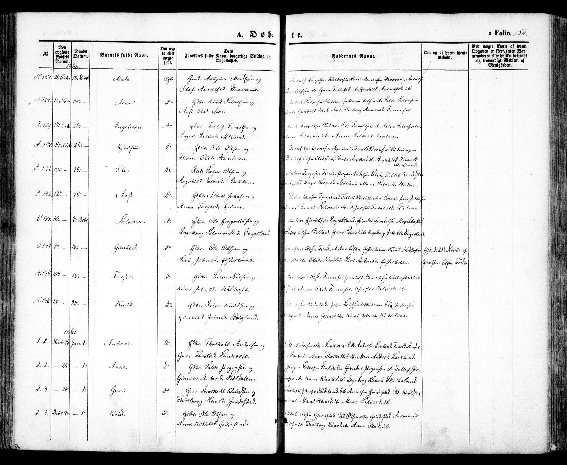 Evje sokneprestkontor, SAK/1111-0008/F/Fa/Faa/L0005: Parish register (official) no. A 5, 1843-1865, p. 156
