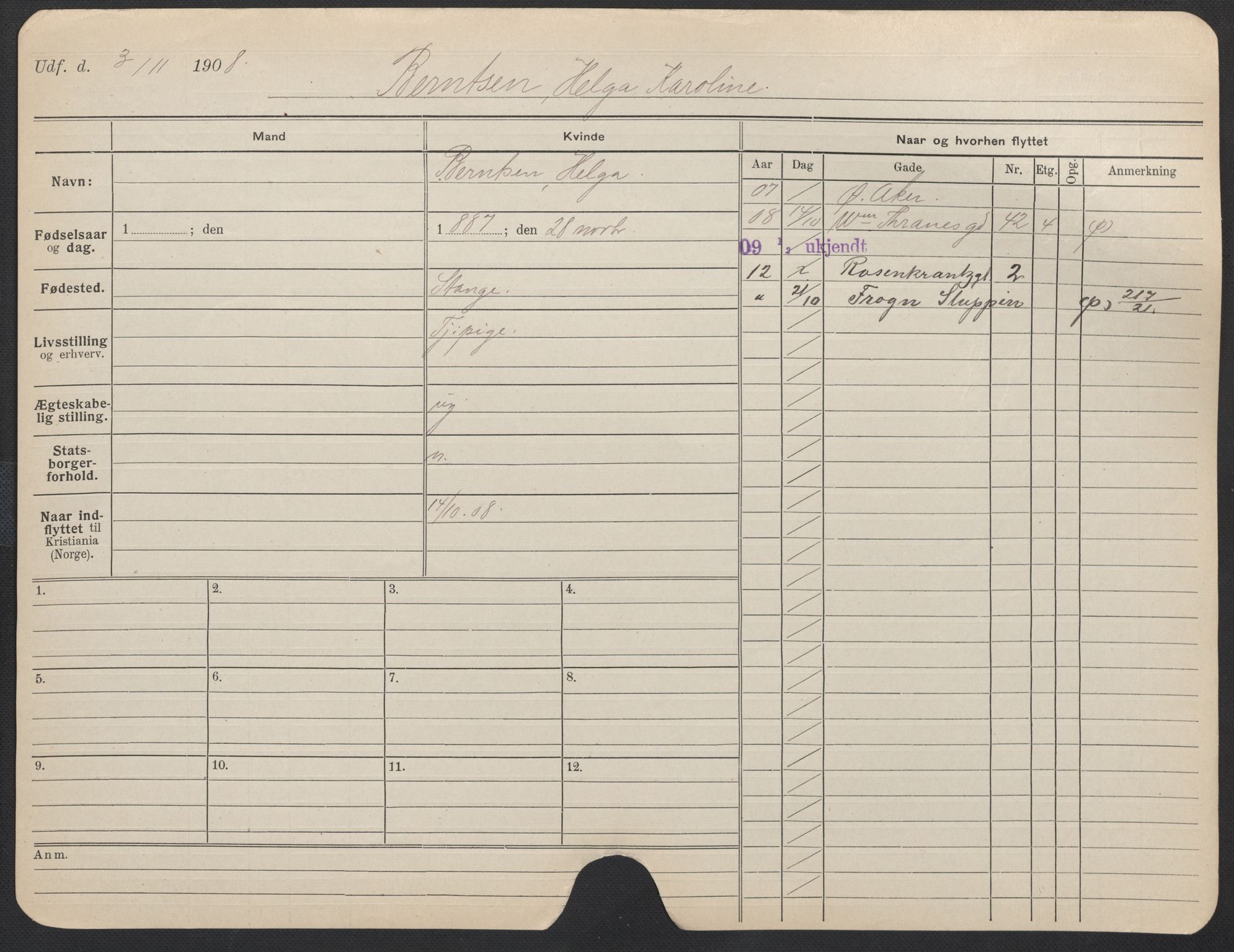 Oslo folkeregister, Registerkort, AV/SAO-A-11715/F/Fa/Fac/L0013: Kvinner, 1906-1914, p. 300a