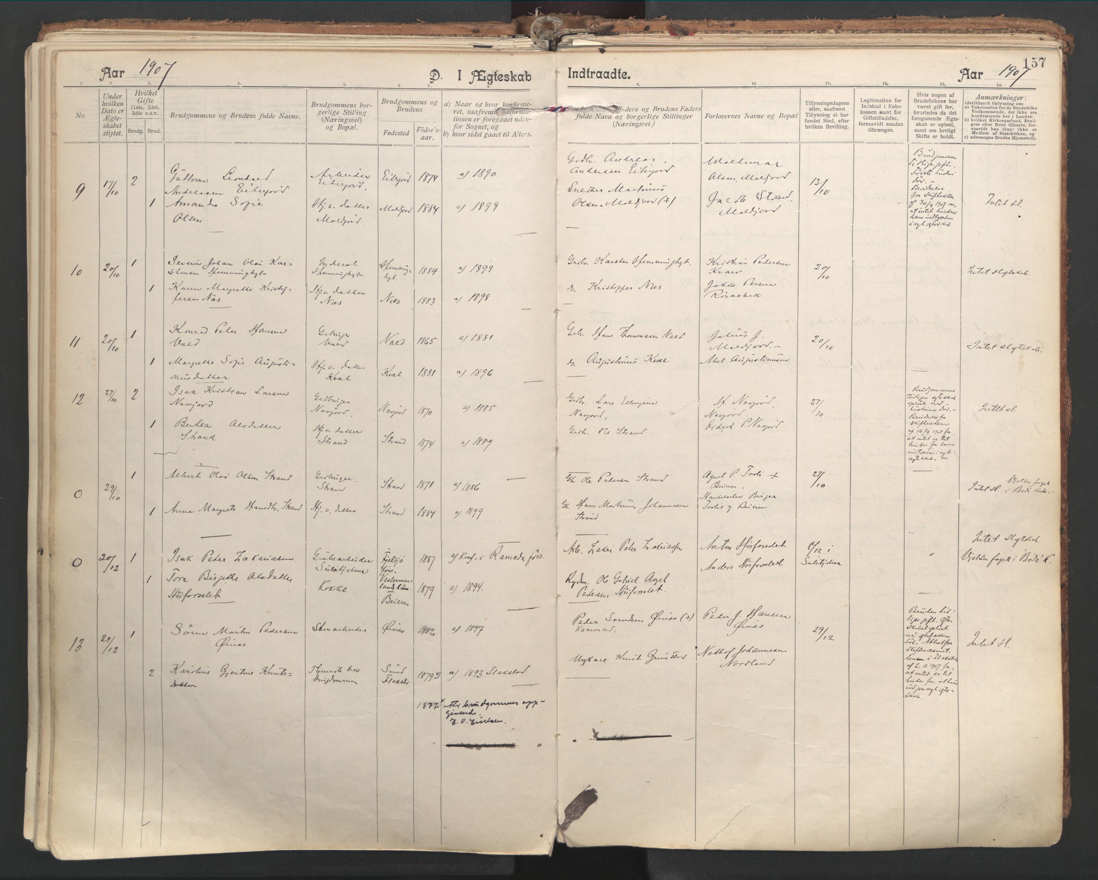 Ministerialprotokoller, klokkerbøker og fødselsregistre - Nordland, SAT/A-1459/846/L0647: Parish register (official) no. 846A05, 1902-1915, p. 157