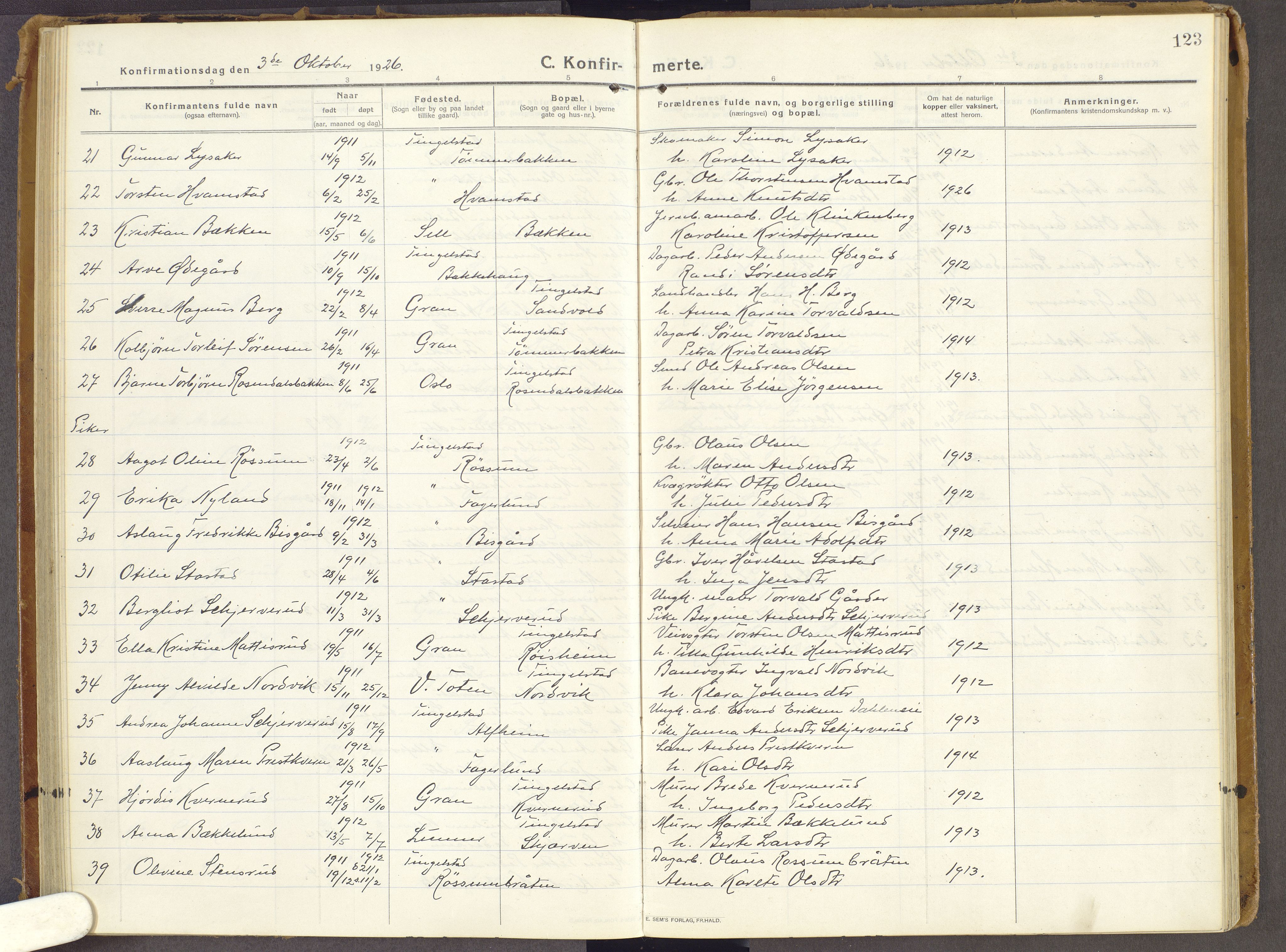 Brandbu prestekontor, SAH/PREST-114/H/Ha/Haa/L0003: Parish register (official) no. 3, 1914-1928, p. 123