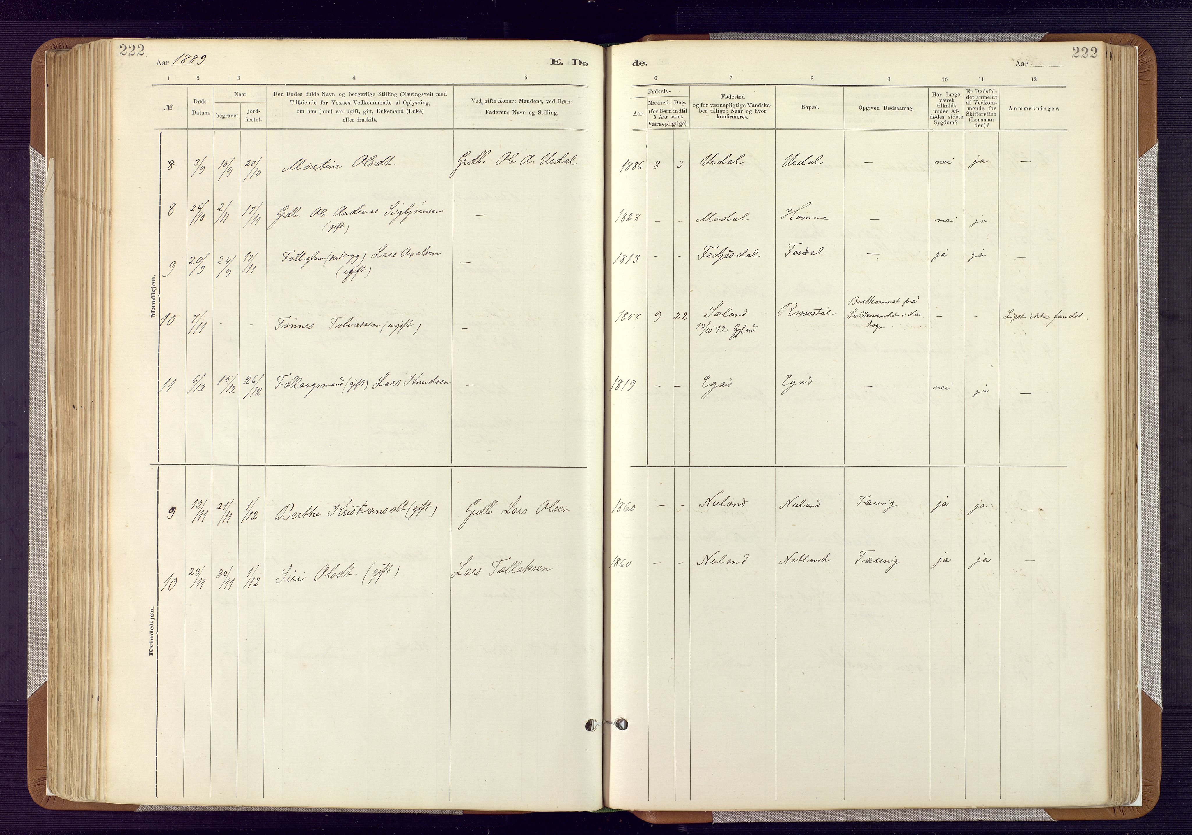 Bakke sokneprestkontor, AV/SAK-1111-0002/F/Fa/Fab/L0003: Parish register (official) no. A 3, 1884-1921, p. 222