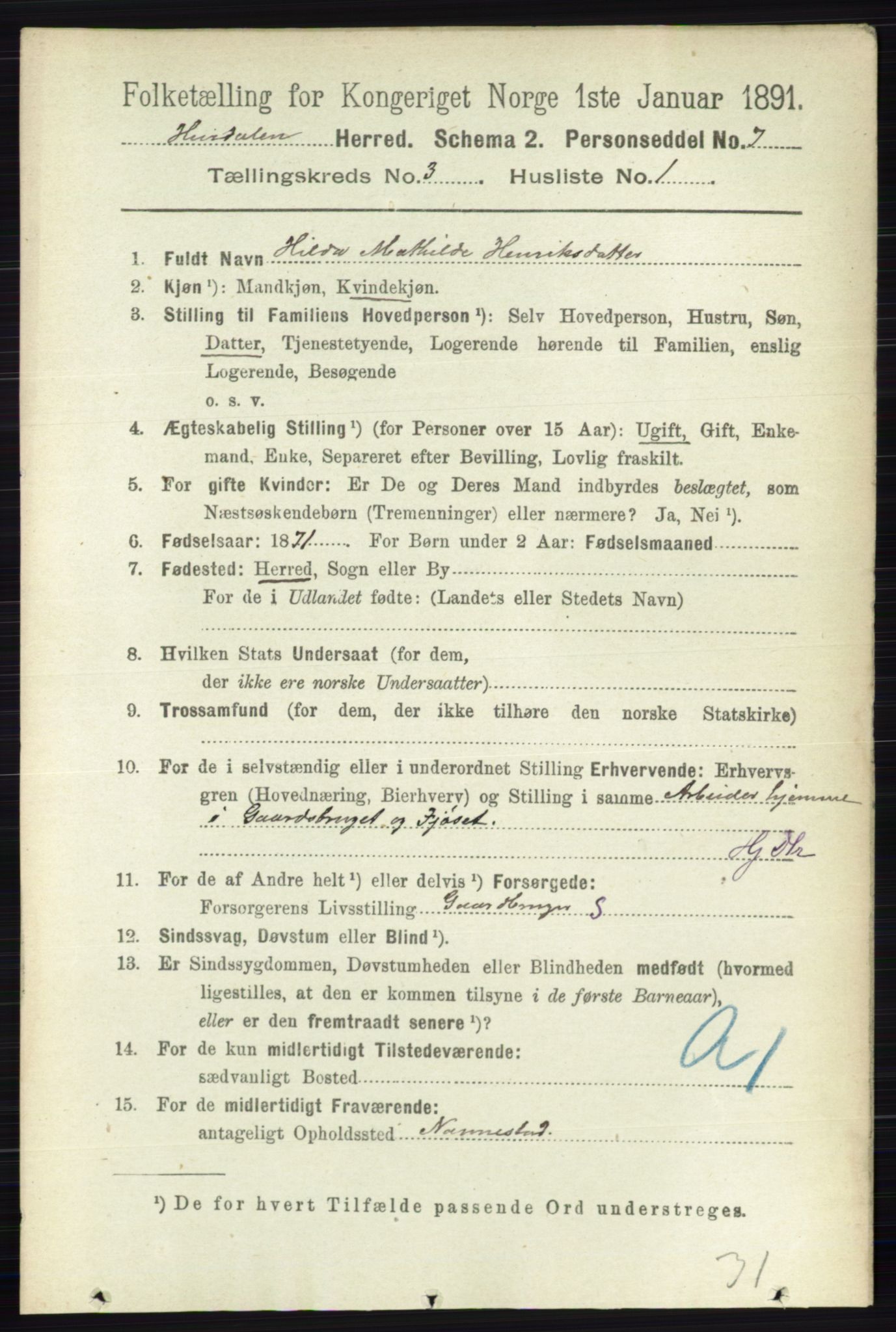 RA, 1891 census for 0239 Hurdal, 1891, p. 1035