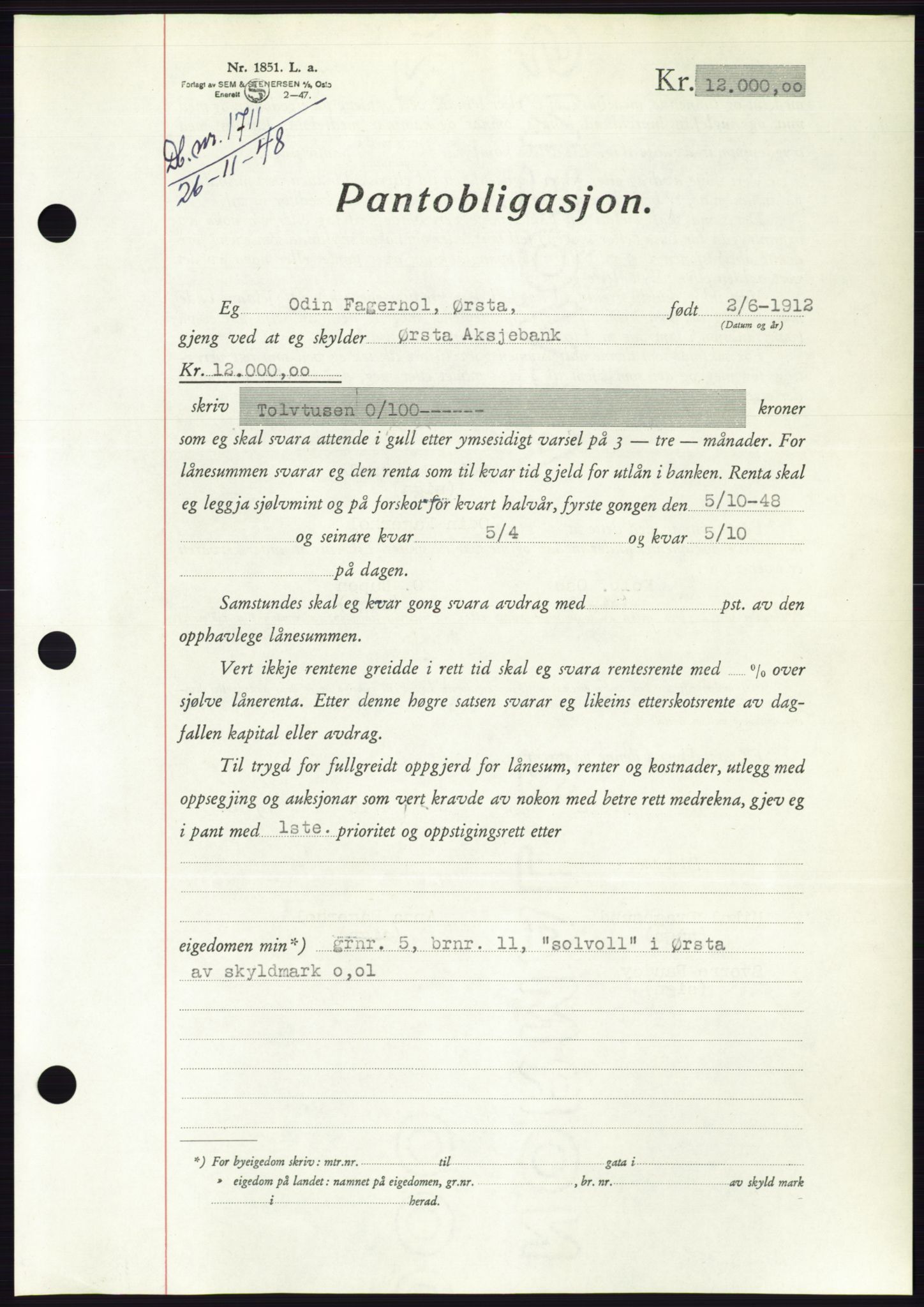 Søre Sunnmøre sorenskriveri, AV/SAT-A-4122/1/2/2C/L0116: Mortgage book no. 4B, 1948-1949, Diary no: : 1711/1948