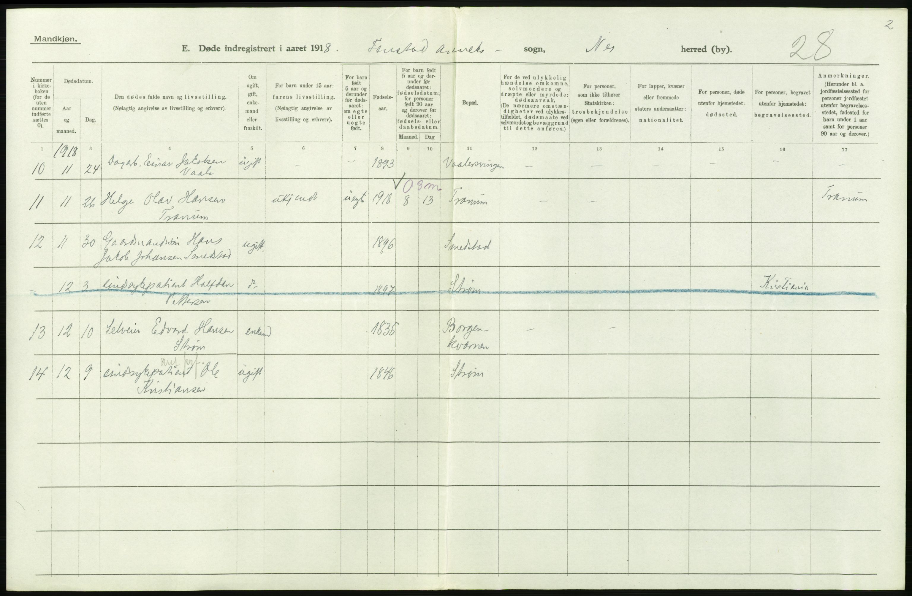 Statistisk sentralbyrå, Sosiodemografiske emner, Befolkning, AV/RA-S-2228/D/Df/Dfb/Dfbh/L0006: Akershus fylke: Døde. Bygder og byer., 1918, p. 308