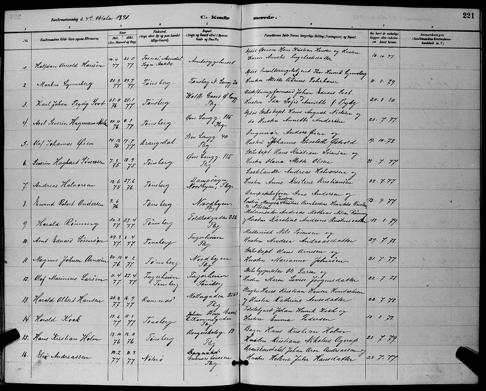 Tønsberg kirkebøker, AV/SAKO-A-330/G/Ga/L0006: Parish register (copy) no. 6, 1885-1895, p. 221