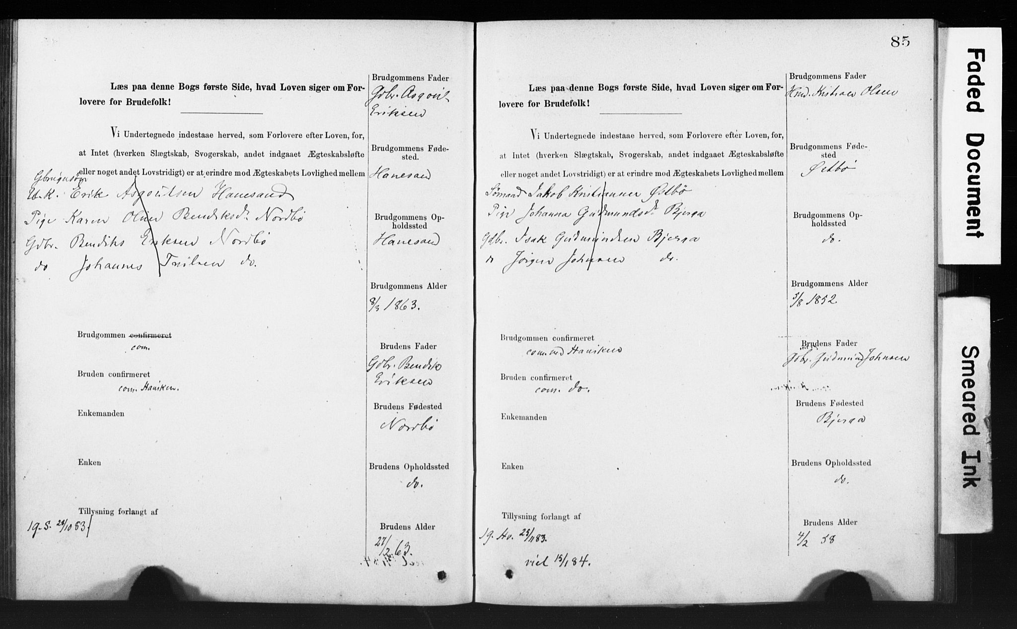 Rennesøy sokneprestkontor, SAST/A -101827/I/Ie/L0001: Banns register no. 1, 1873-1898, p. 85