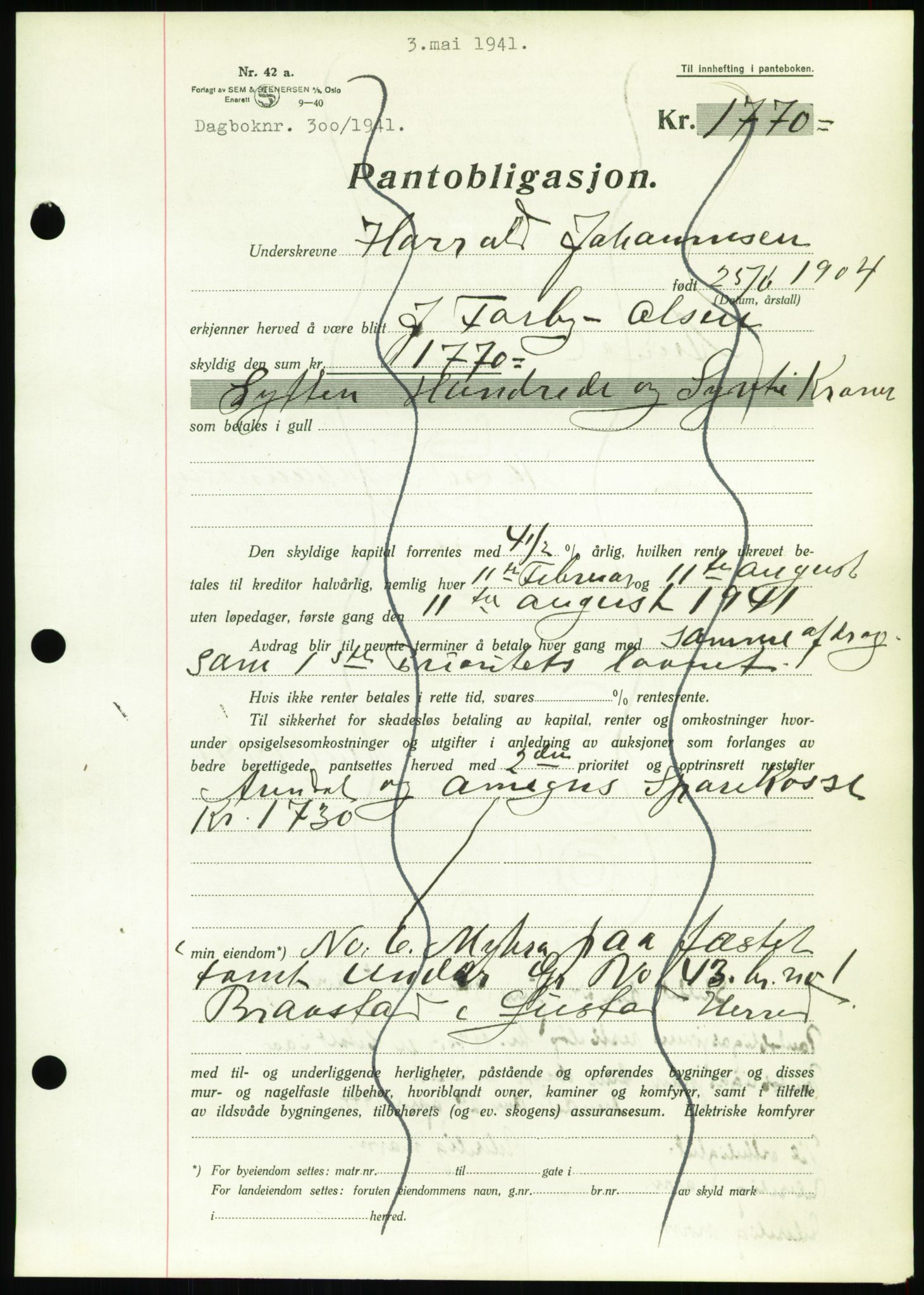 Nedenes sorenskriveri, AV/SAK-1221-0006/G/Gb/Gbb/L0001: Mortgage book no. I, 1939-1942, Diary no: : 300/1941