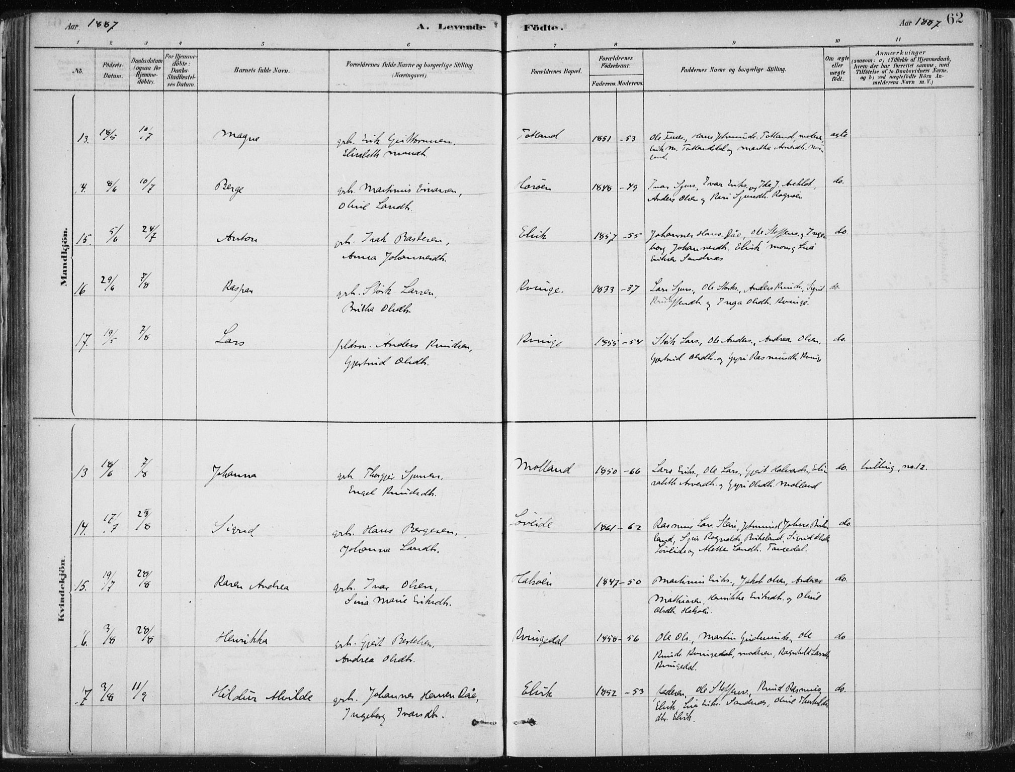 Masfjorden Sokneprestembete, AV/SAB-A-77001: Parish register (official) no. B  1, 1876-1899, p. 62