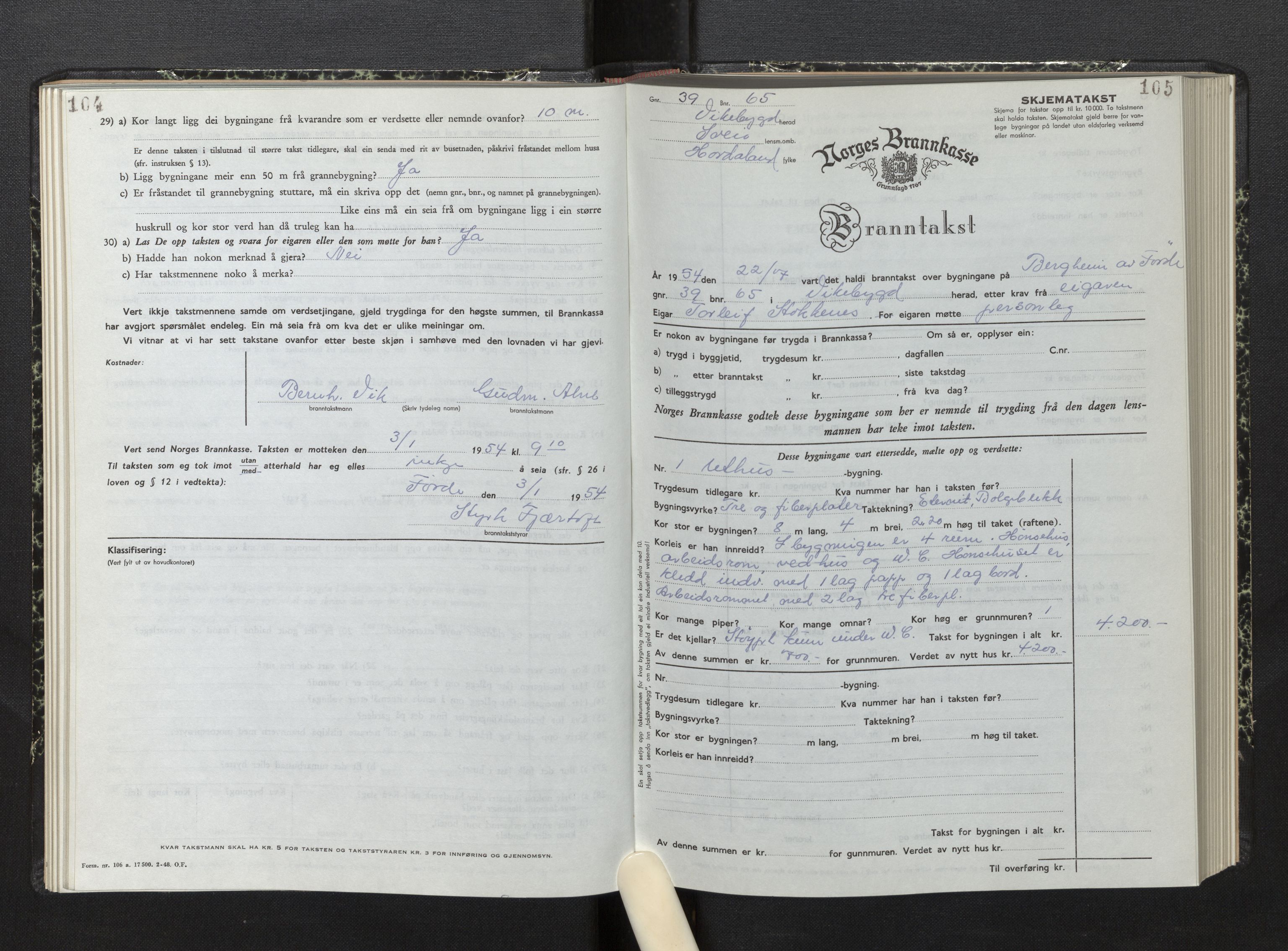 Lensmannen i Sveio, AV/SAB-A-35301/0012/L0010: Branntakstprotokoll, skjematakst, 1949-1954, p. 104-105