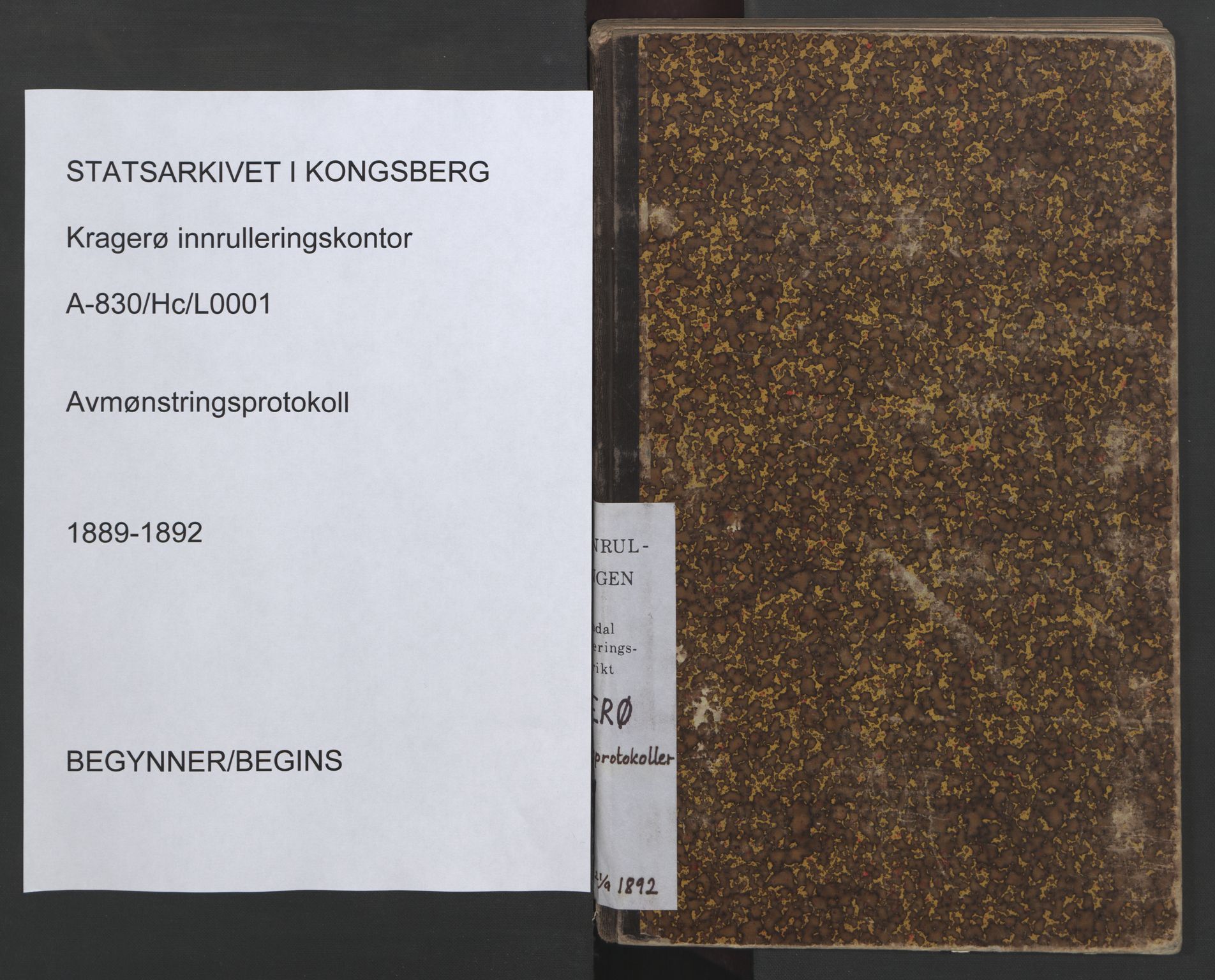 Kragerø innrulleringskontor, AV/SAKO-A-830/H/Hc/L0001: Avmønstringsprotokoll, 1889-1892, p. 1