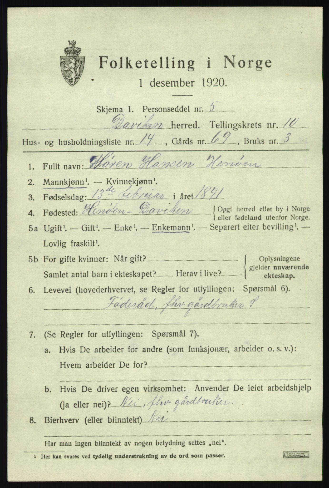 SAB, 1920 census for Davik, 1920, p. 5285