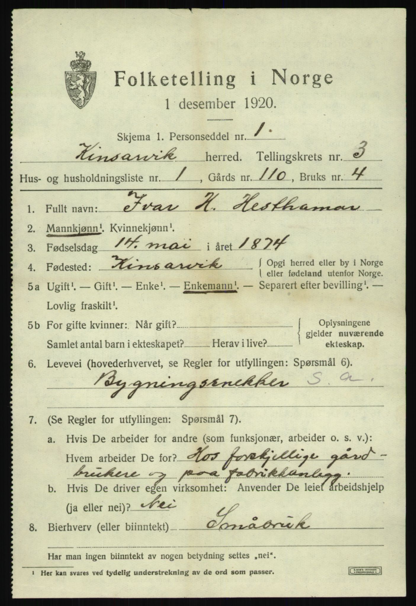 SAB, 1920 census for Kinsarvik, 1920, p. 1790