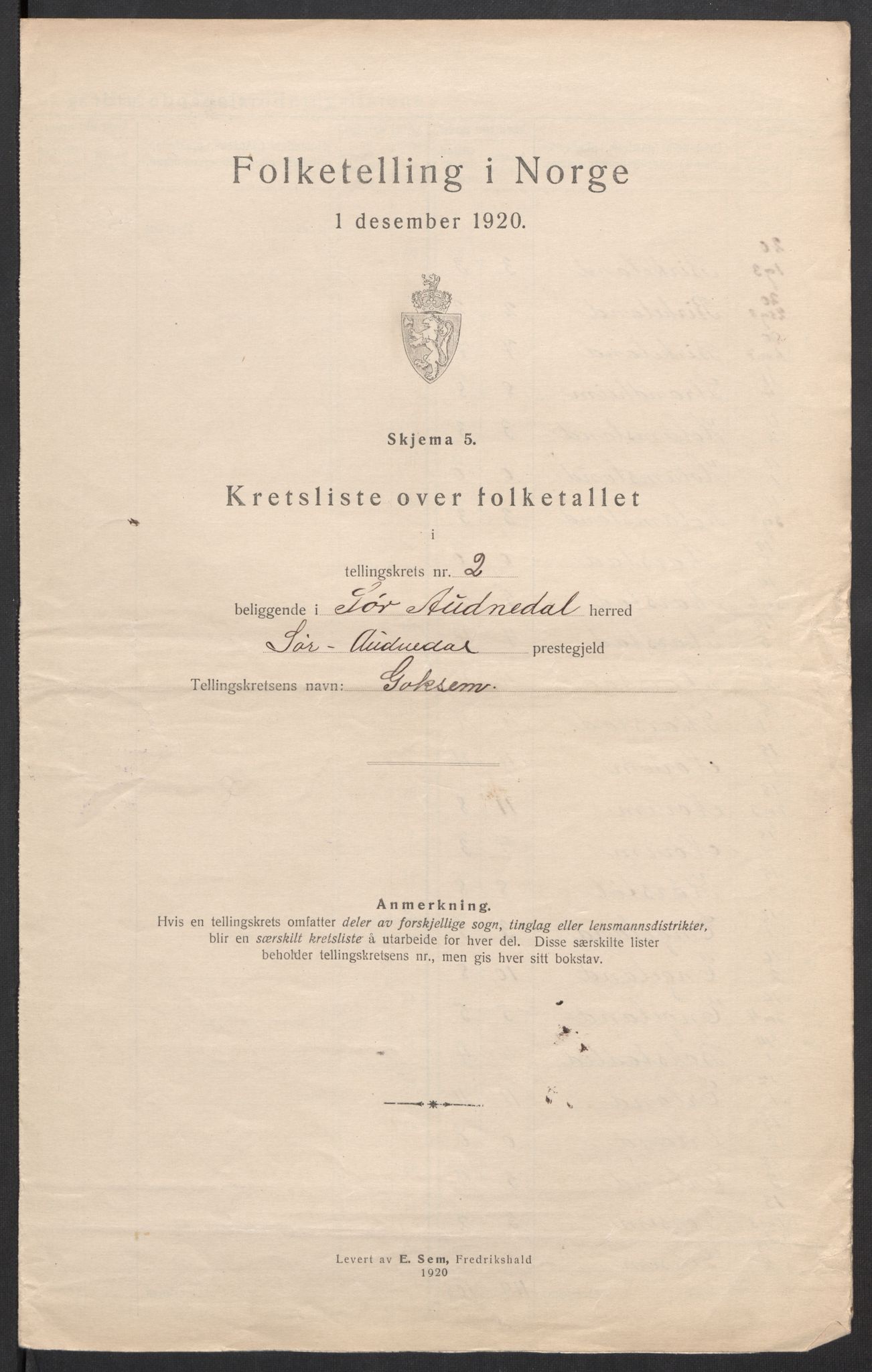 SAK, 1920 census for Sør-Audnedal, 1920, p. 22