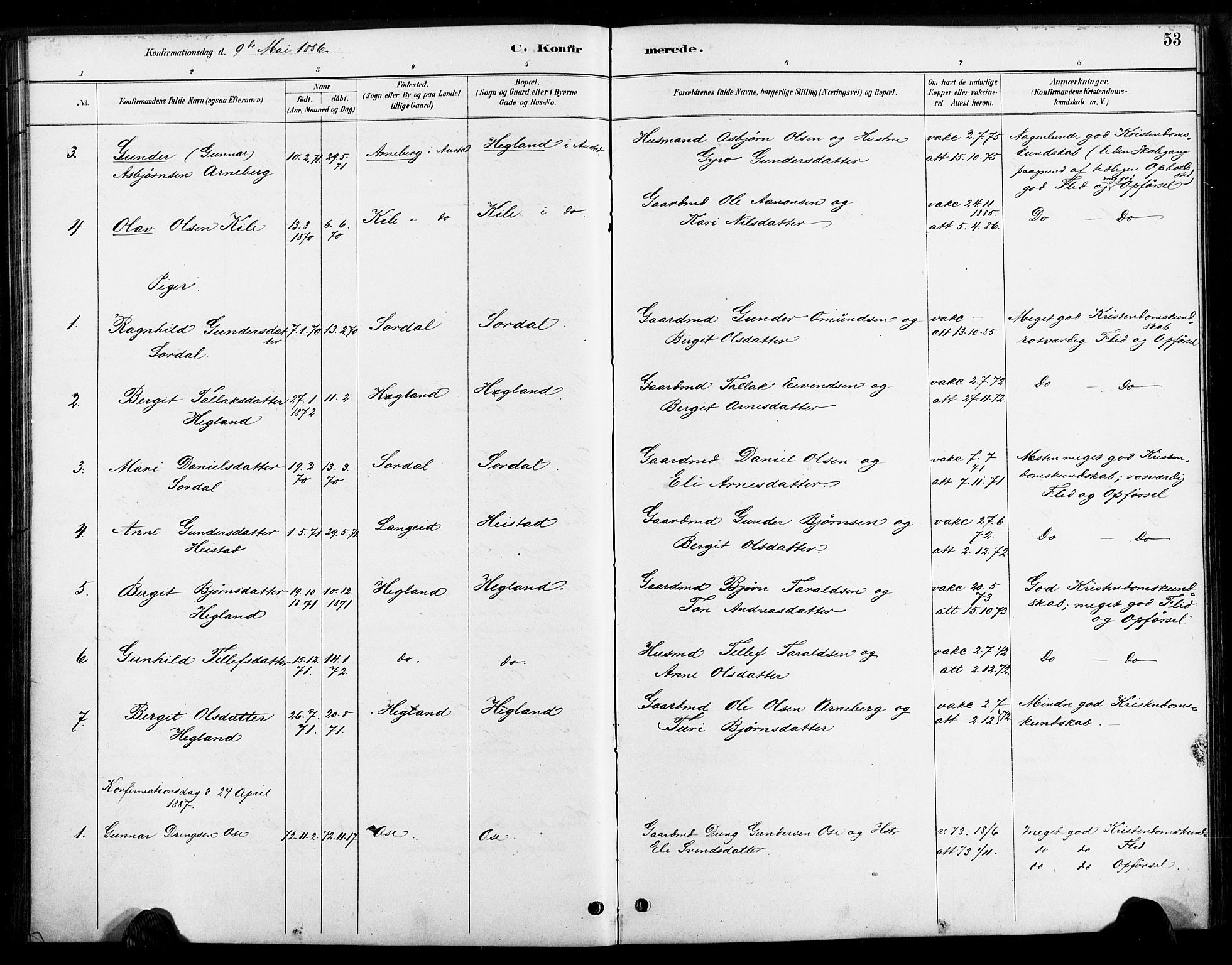 Bygland sokneprestkontor, SAK/1111-0006/F/Fa/Faa/L0001: Parish register (official) no. A 1, 1885-1908, p. 53