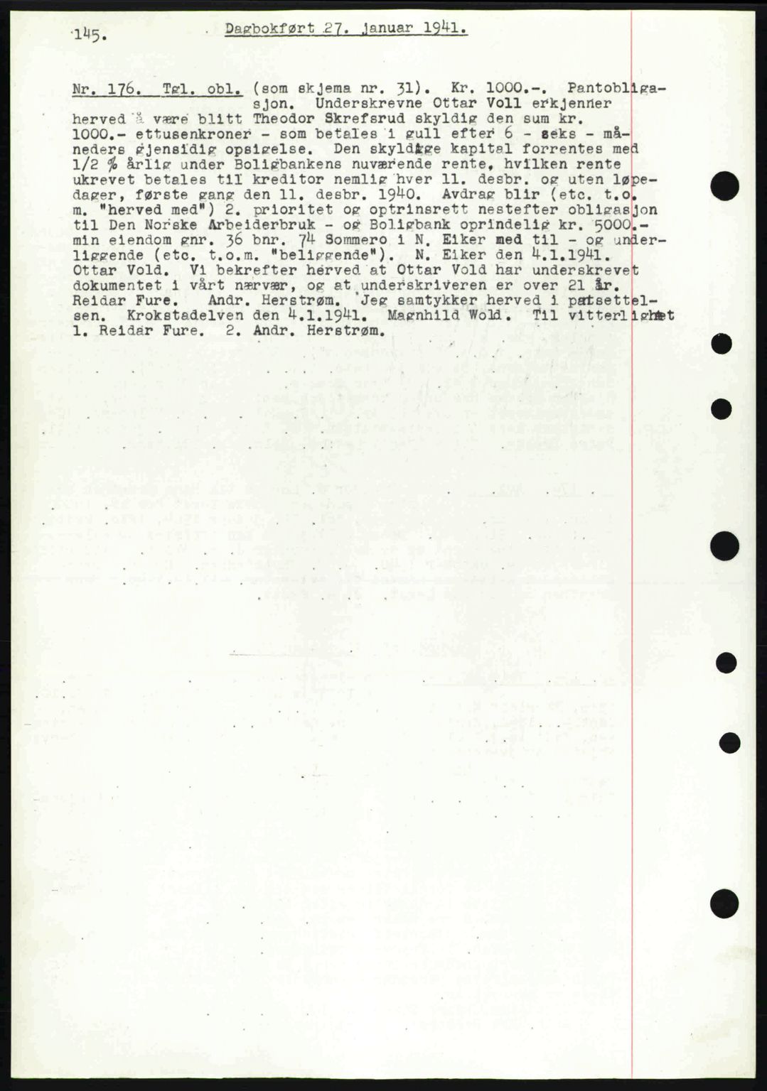 Eiker, Modum og Sigdal sorenskriveri, SAKO/A-123/G/Ga/Gab/L0043: Mortgage book no. A13, 1940-1941, Diary no: : 176/1941
