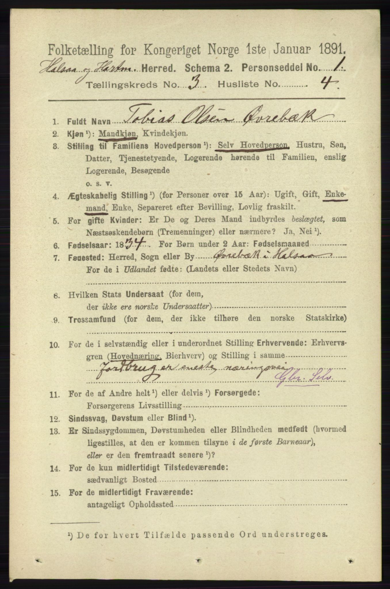 RA, 1891 census for 1019 Halse og Harkmark, 1891, p. 1019