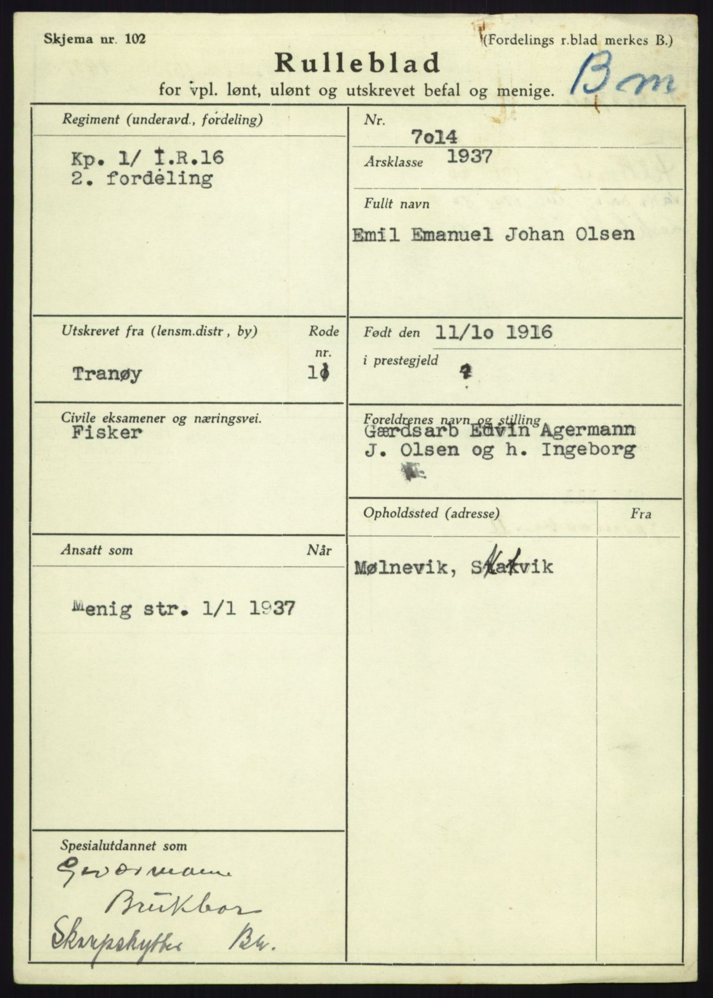 Forsvaret, Troms infanteriregiment nr. 16, AV/RA-RAFA-3146/P/Pa/L0021: Rulleblad for regimentets menige mannskaper, årsklasse 1937, 1937, p. 929