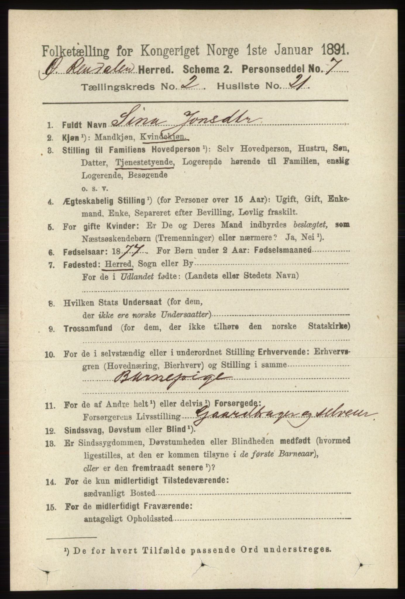 RA, 1891 census for 0433 Øvre Rendal, 1891, p. 531