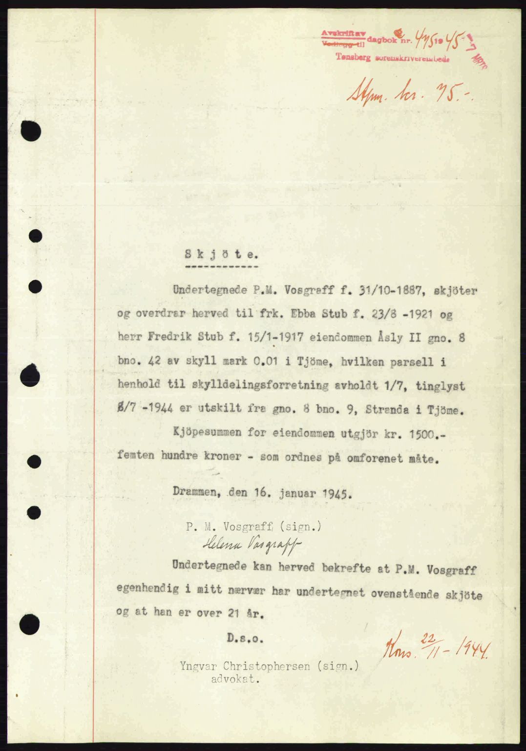 Tønsberg sorenskriveri, AV/SAKO-A-130/G/Ga/Gaa/L0016: Mortgage book no. A16, 1944-1945, Diary no: : 475/1945